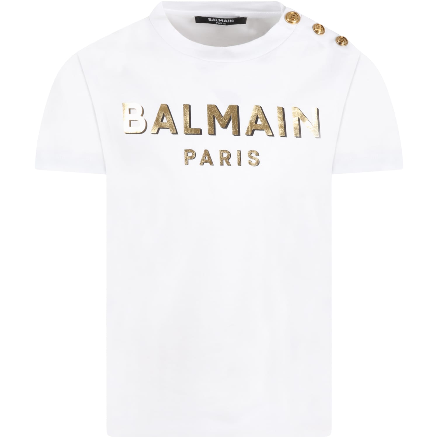 Balmain White T-shirt For Girl With Gold Logo
