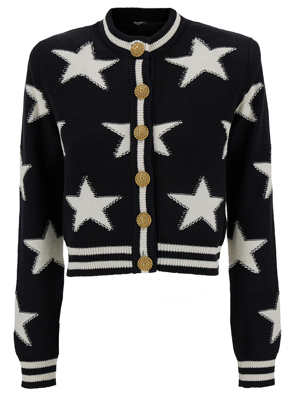 Shop Balmain Buttonned Knit Stars Cropped Cardigan