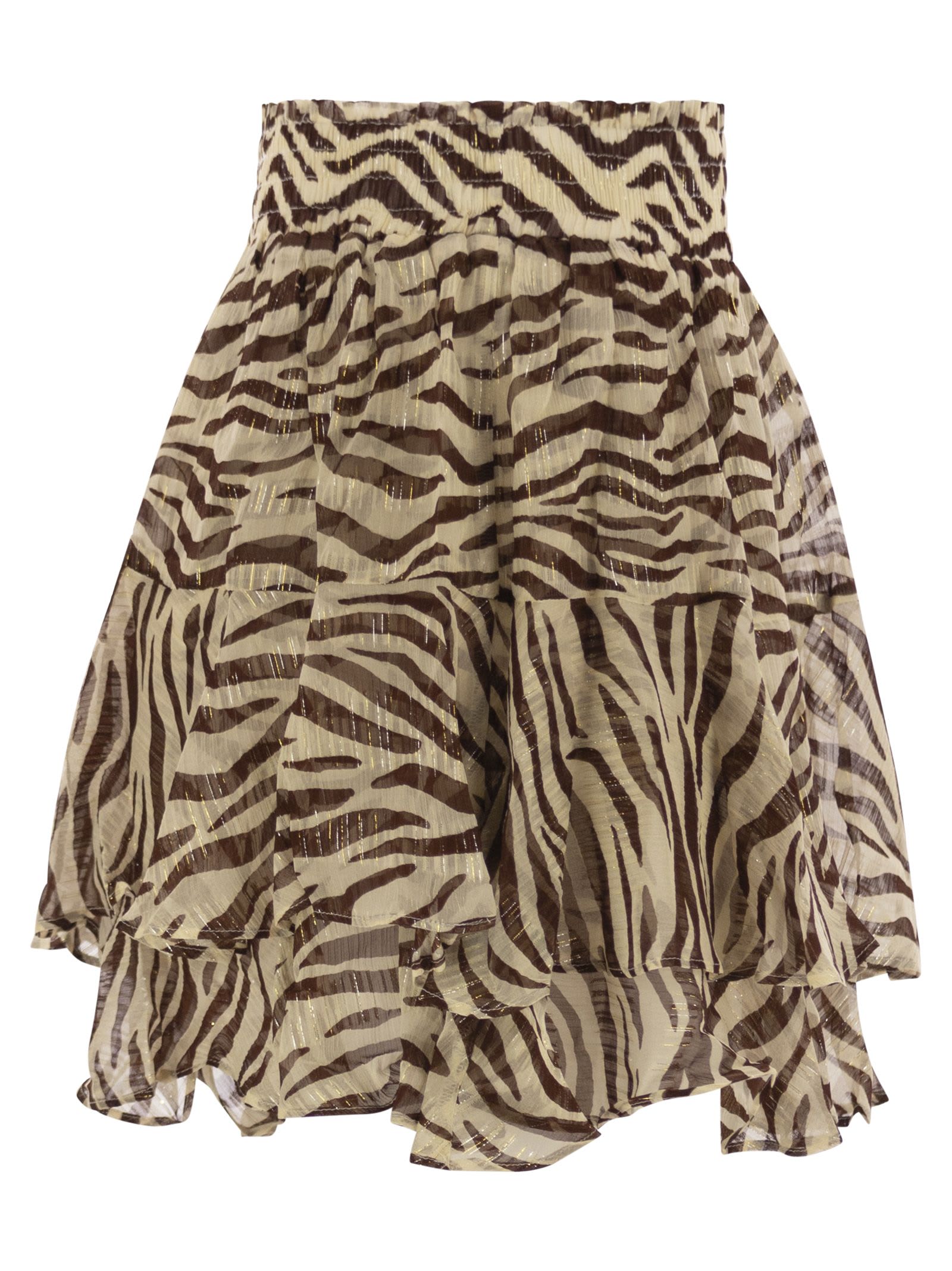 Mc2 Saint Barth Eivissa Ruffled Mini Skirt In Lurex Silk Voile With Animalier Print