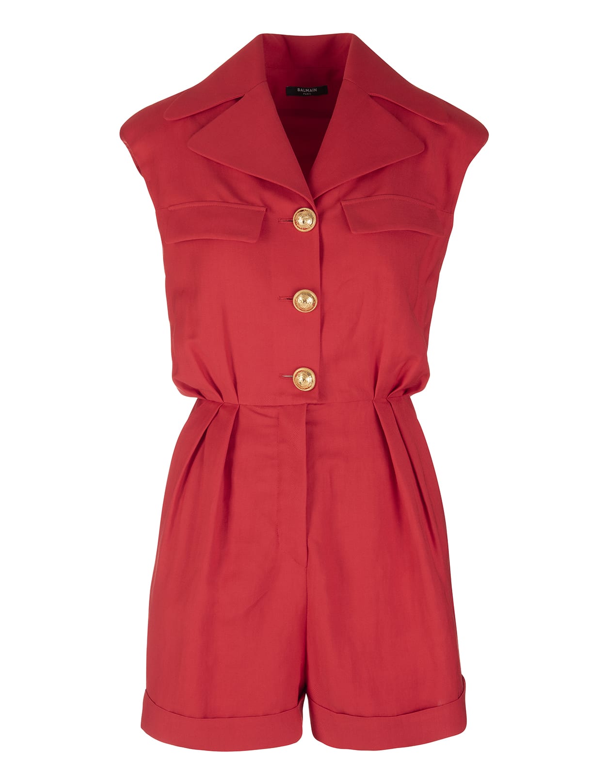 Balmain Short Red Jumpsuit With Golden Embossed Buttons