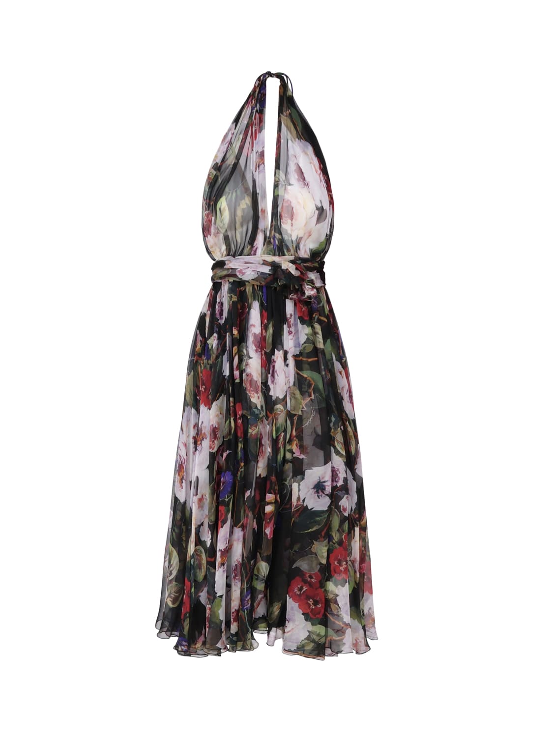 Dolce & Gabbana Rose Garden Print Silk Chiffon Longuette Dress In Multicolor