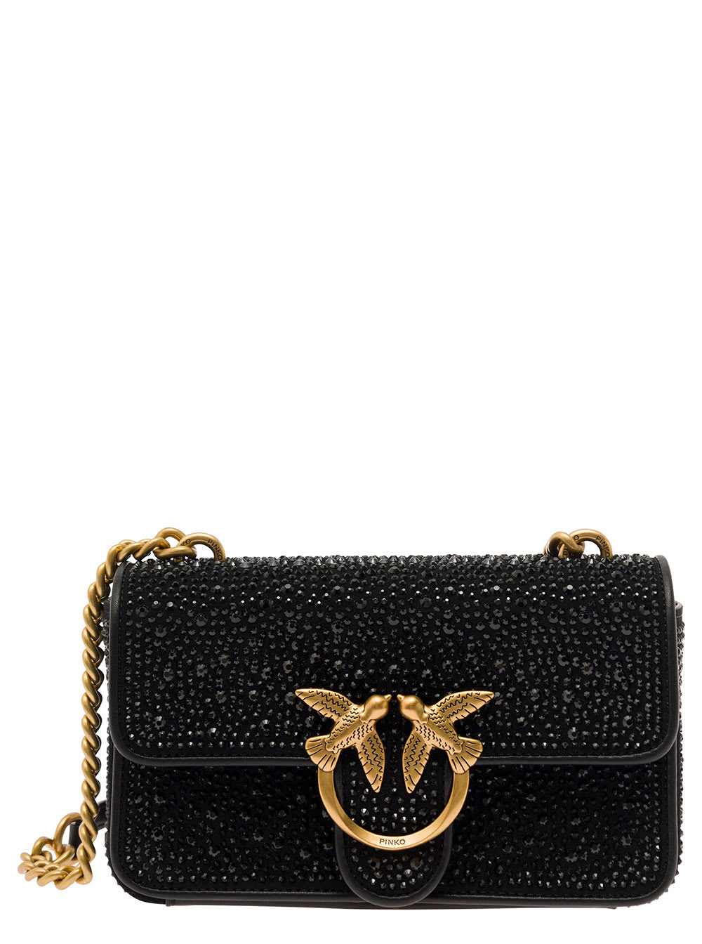 PINKO MINI LOVE ONE BLACK SHOULDER BAG WITH ALL-OVER RHINESTONES IN SUEDE WOMAN