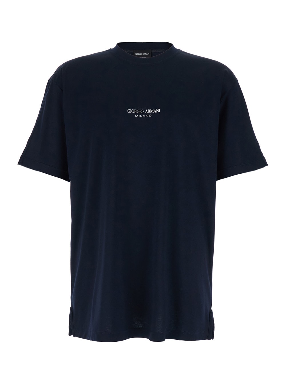 Giorgio Armani Blue Crew-neck T-shirt With Raised Collar And Logo On The Front In Cotton Man