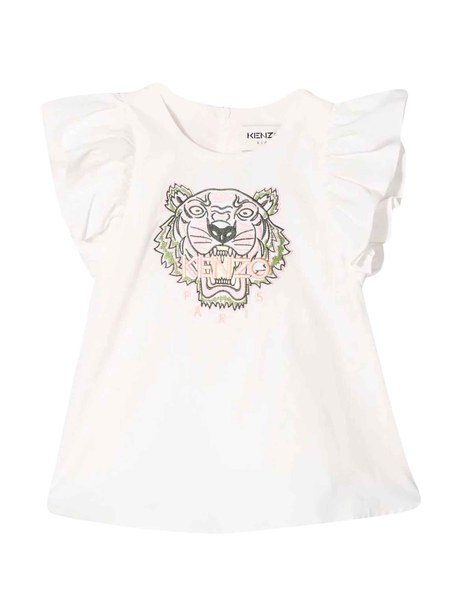 Kenzo Kids White Baby Girl Dress, T-shirt Model With Embroidery Characteristic Tiger Head Motif, Ruffle Detail, Round Neckline, Back Zip Closure, Short Sleeves