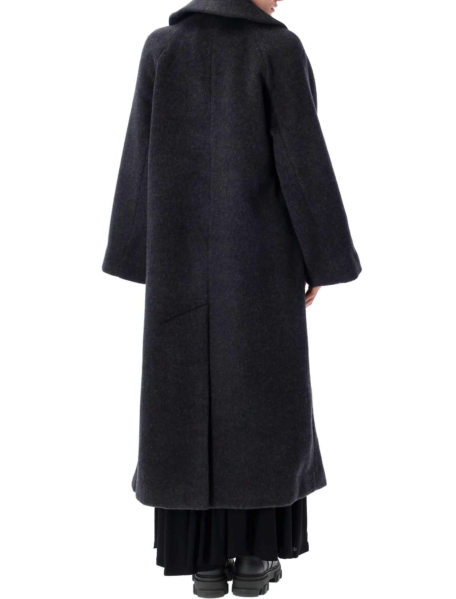Ganni Double Wool Long Coat In Black