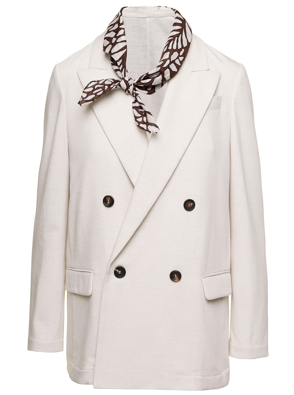 BRUNELLO CUCINELLI WHITE DOUBLE-BREASTED JACKET WITH BANDANA IN COTTON AND VISCOSE BLEND WOMAN BRUNELLO CUCINELLI