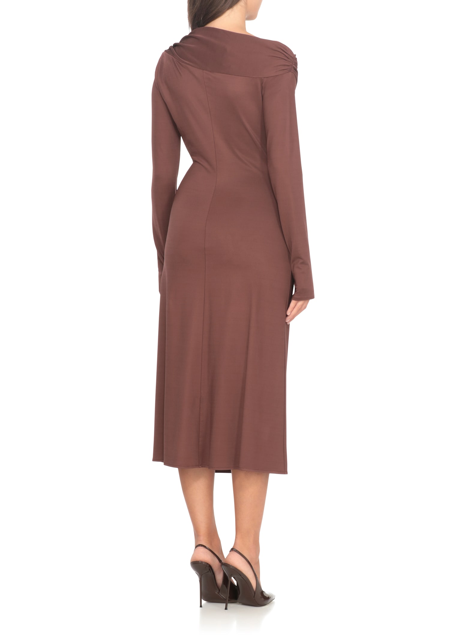 Elisabetta Franchi Deep V-neck Midi Dress With Metallic Accents In Brown