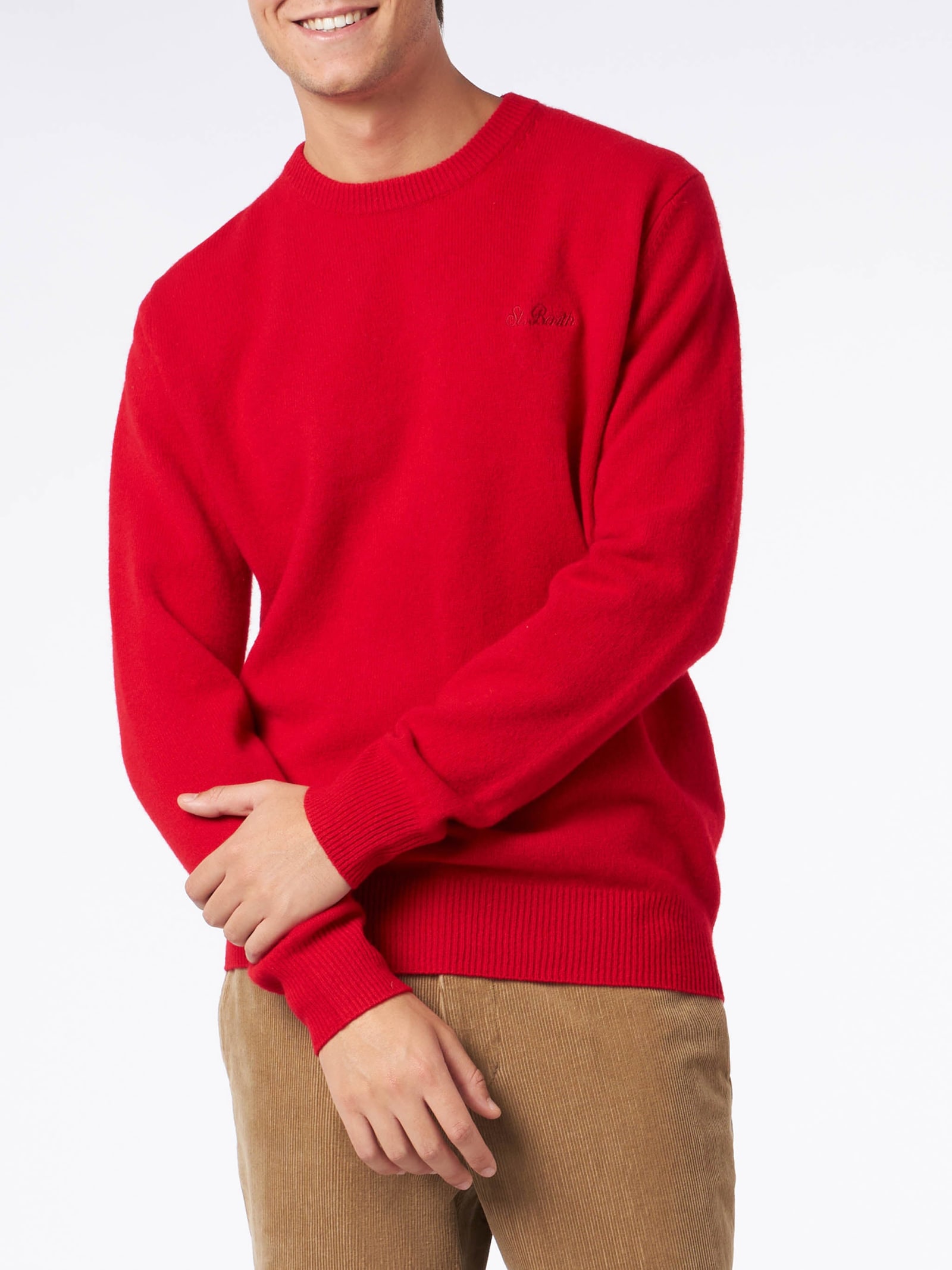 Mc2 Saint Barth Man Crewneck Red Sweater With St. Barth Embroidery In Red
