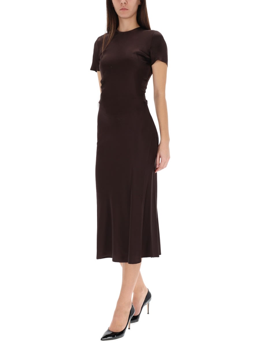 Staud Silk Midi Dress With Ruffles And V-neck In Brown