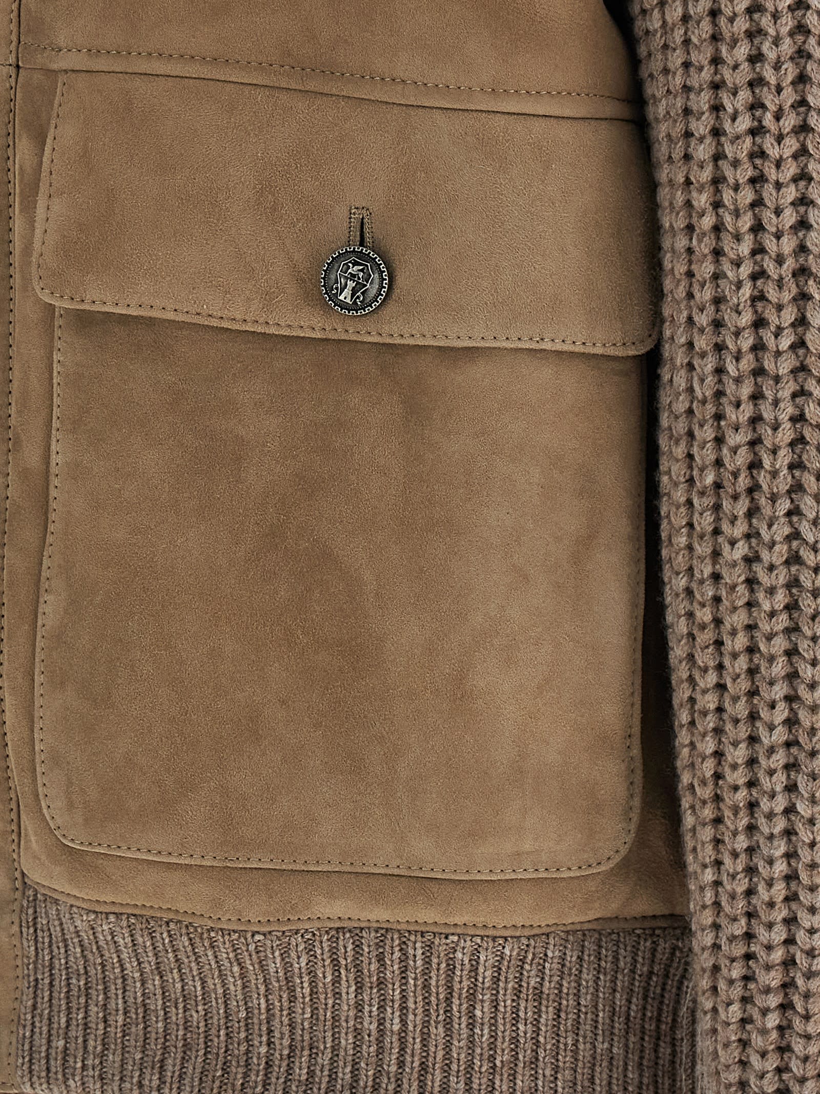 Brunello Cucinelli Bomber Jacket With Knitted Back And Textured Knit Sleeves In Brown