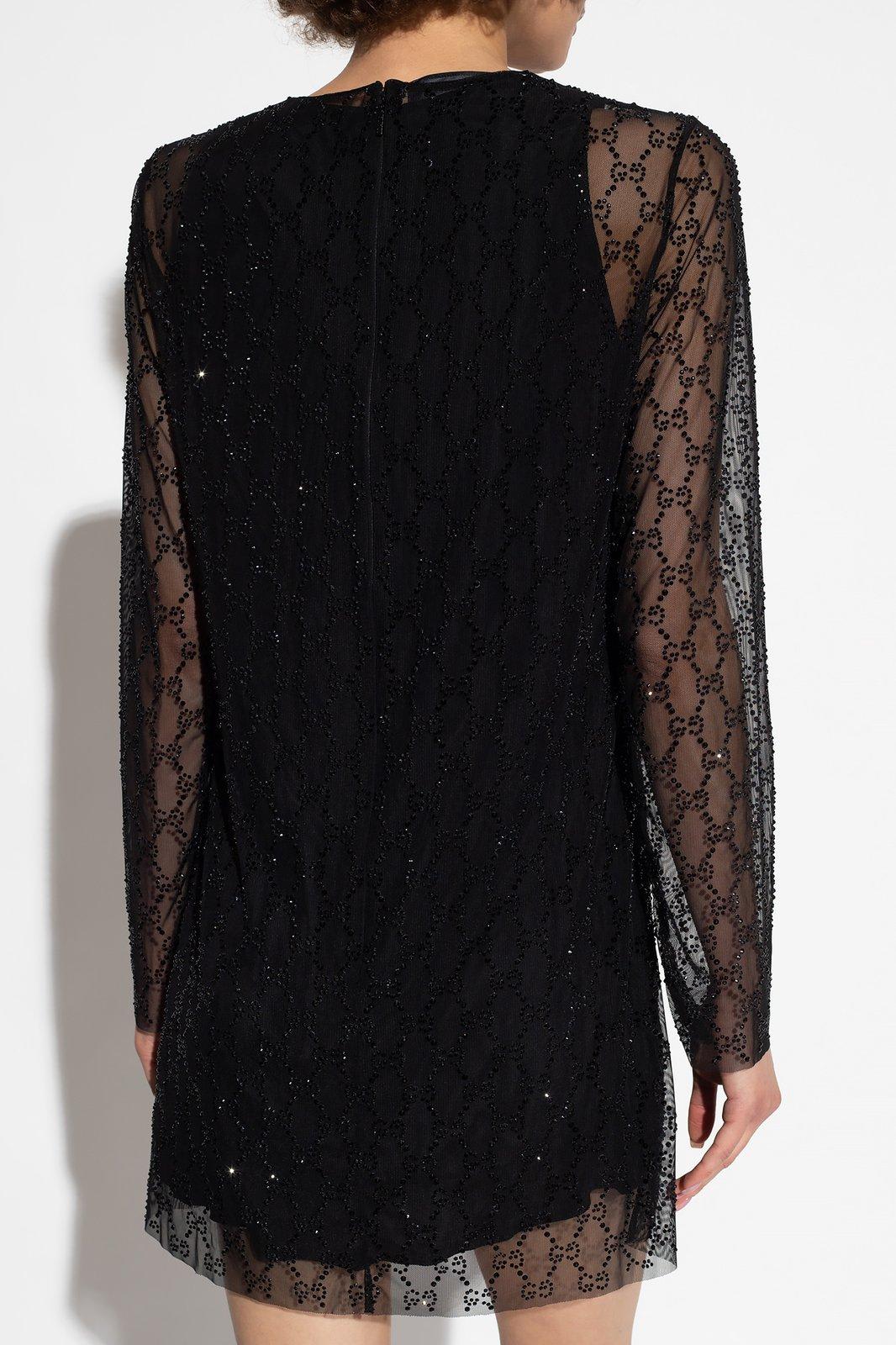Shop Gucci V-slit Bejewelled Dress In Black