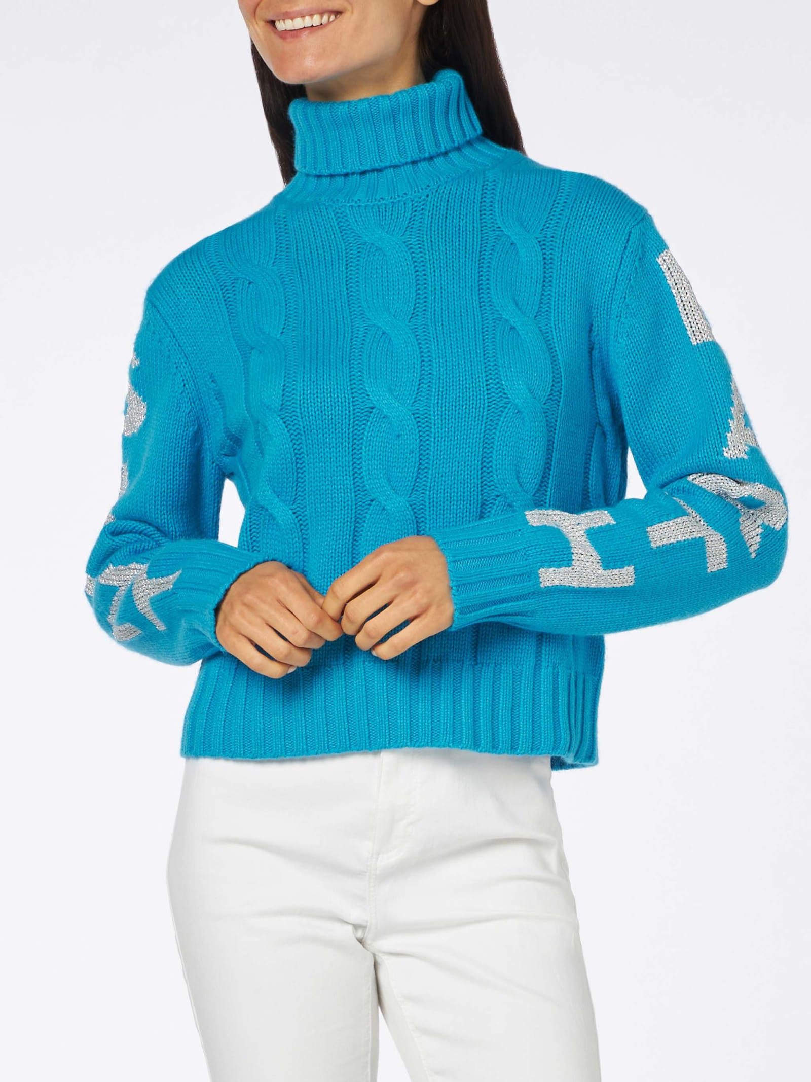 Shop Mc2 Saint Barth Woman Turtleneck Braided Sweater With Saint Barth Jacquard Print In Sky