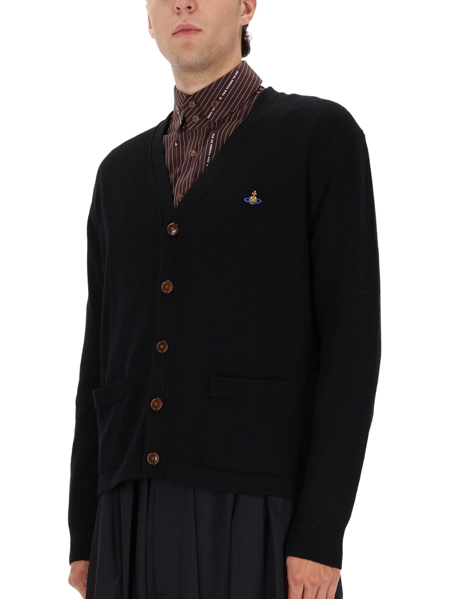 Vivienne Westwood Black V Neck Cardigan With Orb Embroidery In Cotton And Cashmere