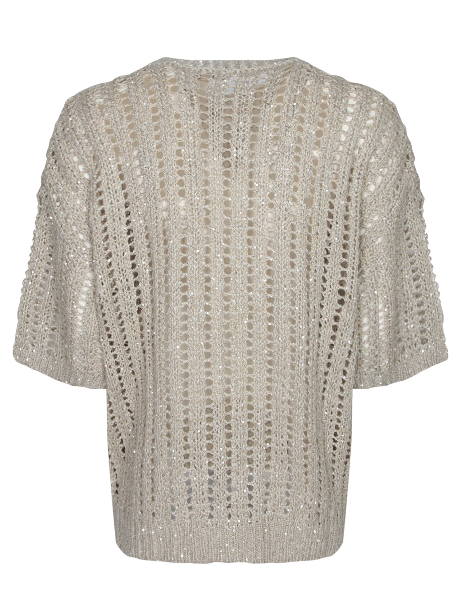 Brunello Cucinelli Open Knit Sweater With Sequined Stripes In Gray