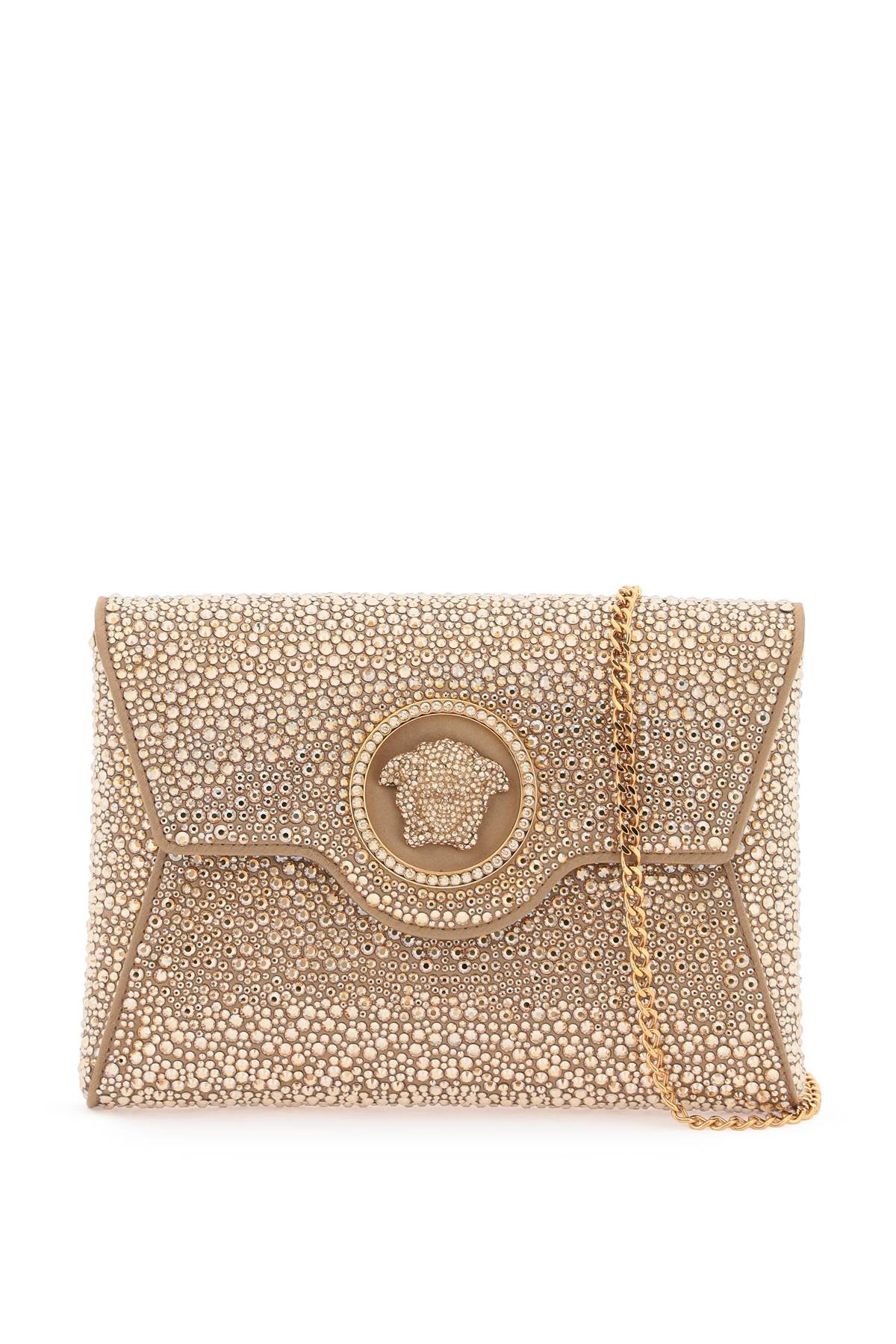 Shop Versace La Medusa Envelope Clutch With Crystals In Camel  Gold (beige)