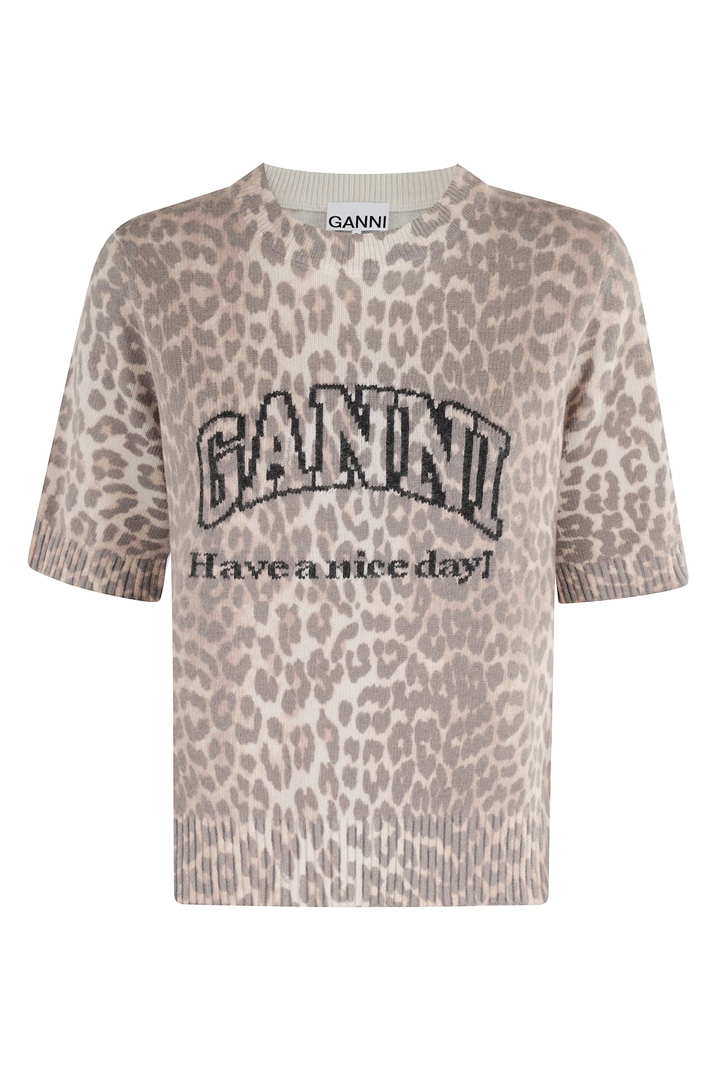 Ganni Leopard Print Short Sleeve Sweater In Pattern