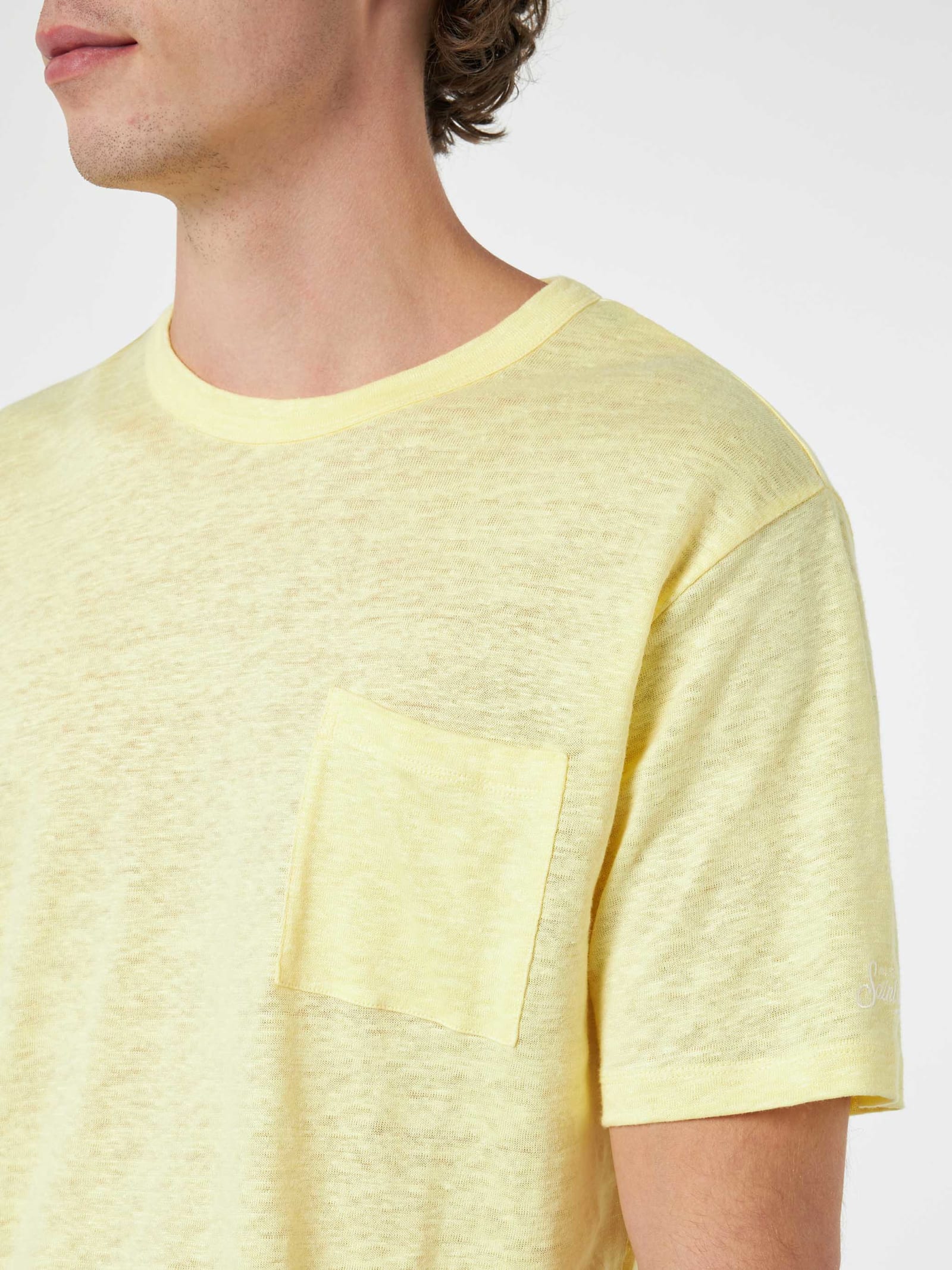 Shop Mc2 Saint Barth Man Yellow Linen Jersey T-shirt Ecstasea With Pocket