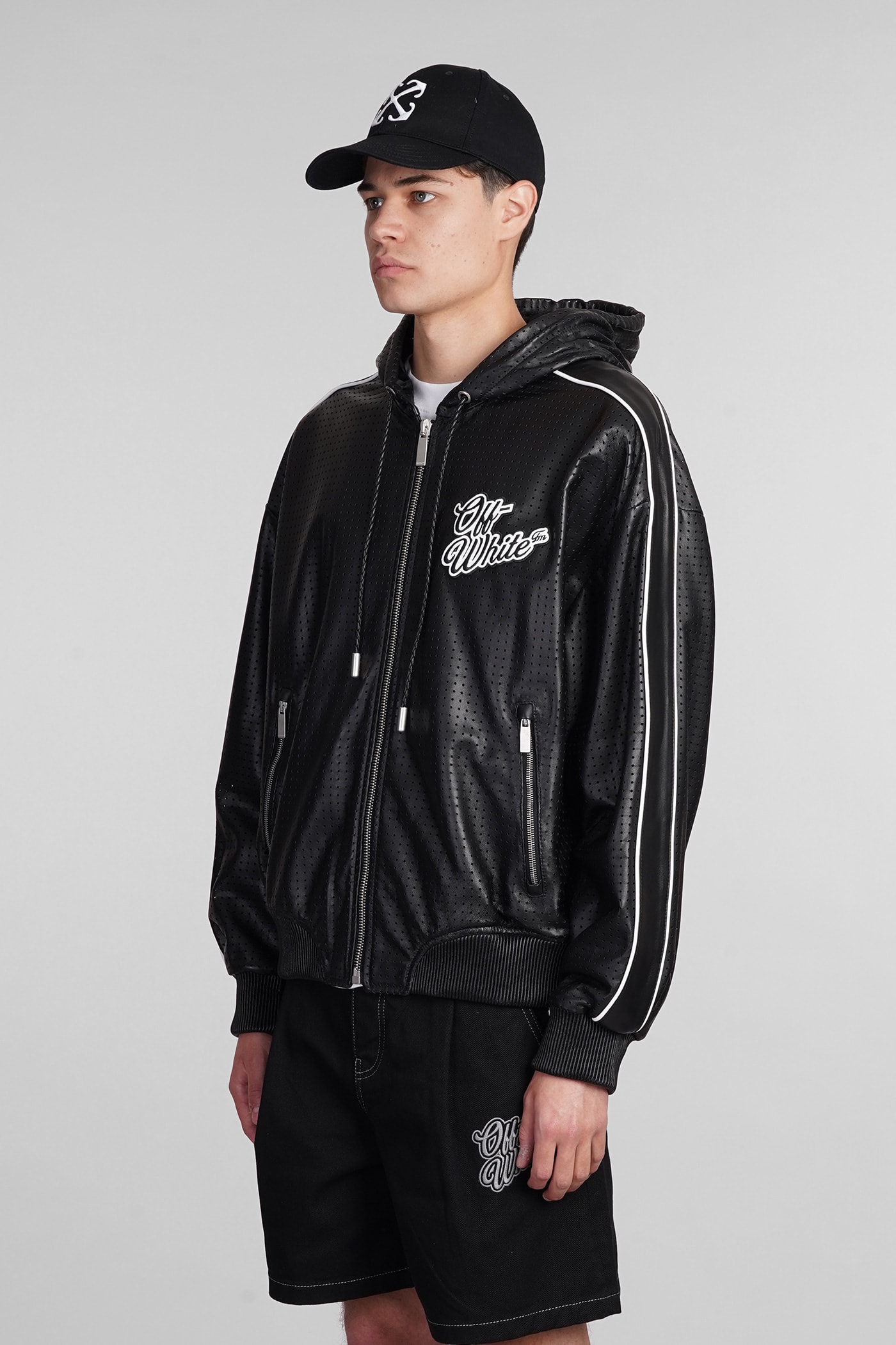 Shop Off-white Leather Jacket In Black Leather