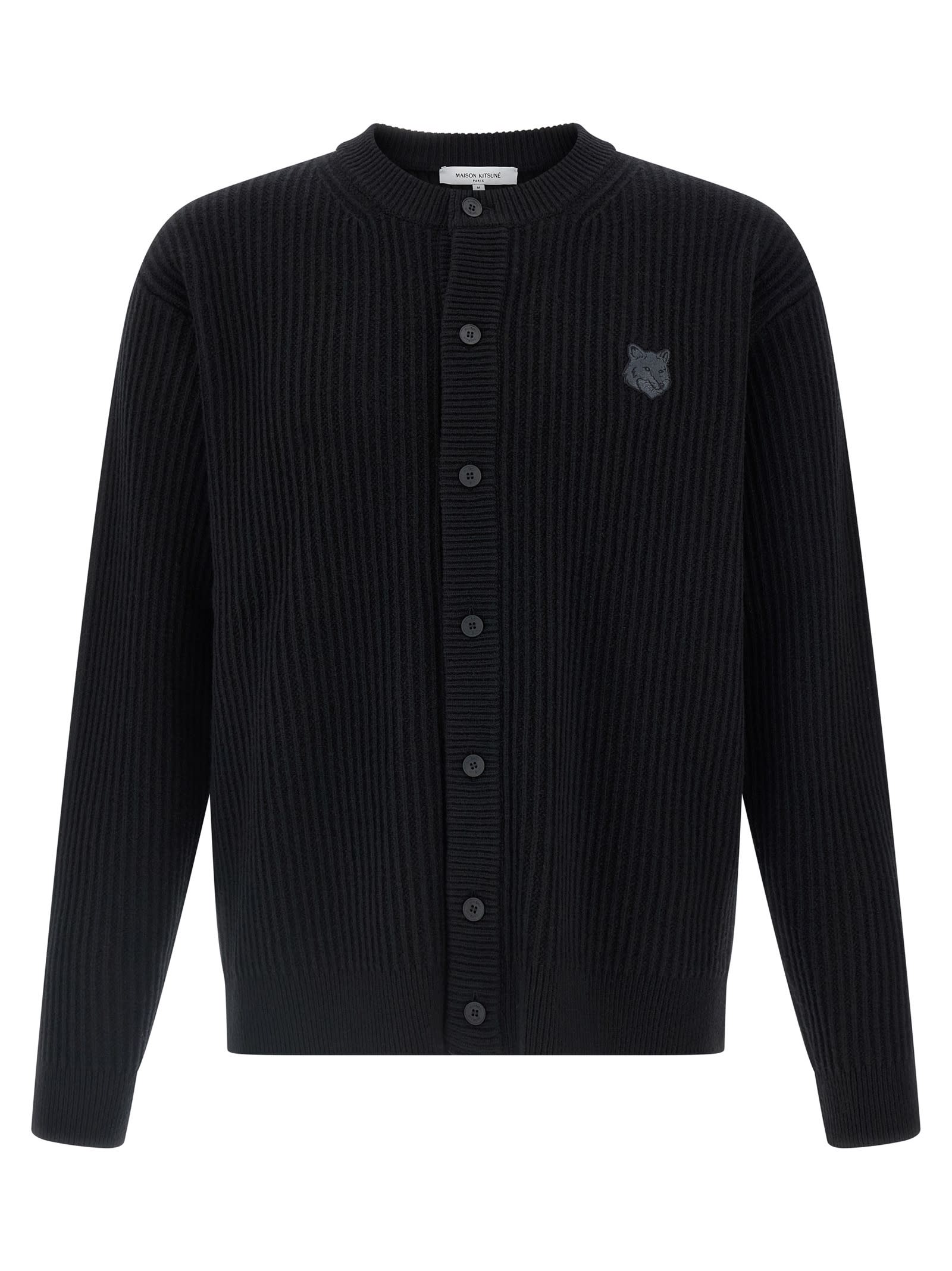 Maison Kitsuné Fox Head Wool Ribbed Cardigan Clothing In Black
