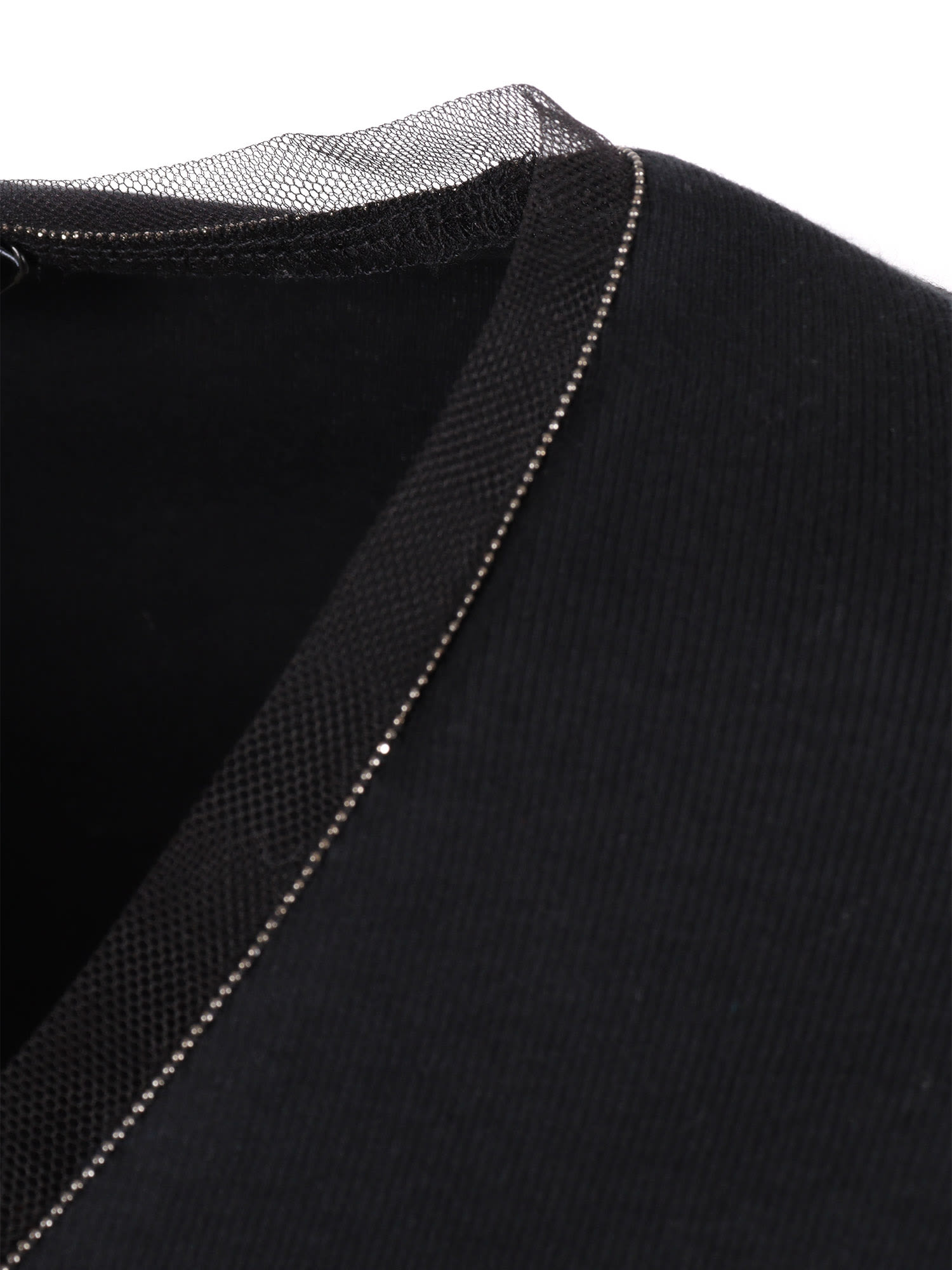 Fabiana Filippi Ribbed Cotton V Neck Long Sleeve T-shirt With Tulle Trim In Black