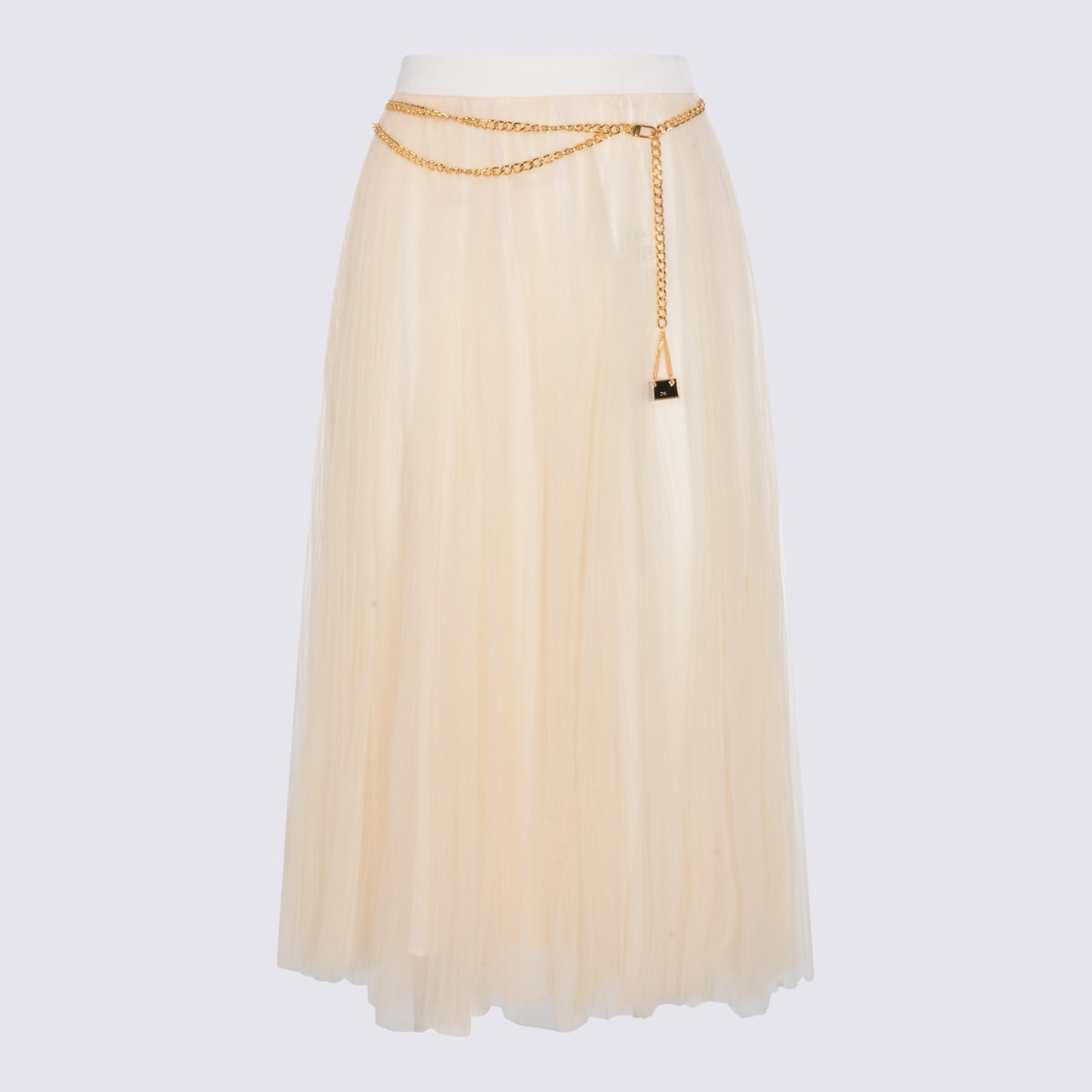 Elisabetta Franchi Midi Skirt With Pleats And Chain Detail In Neutral