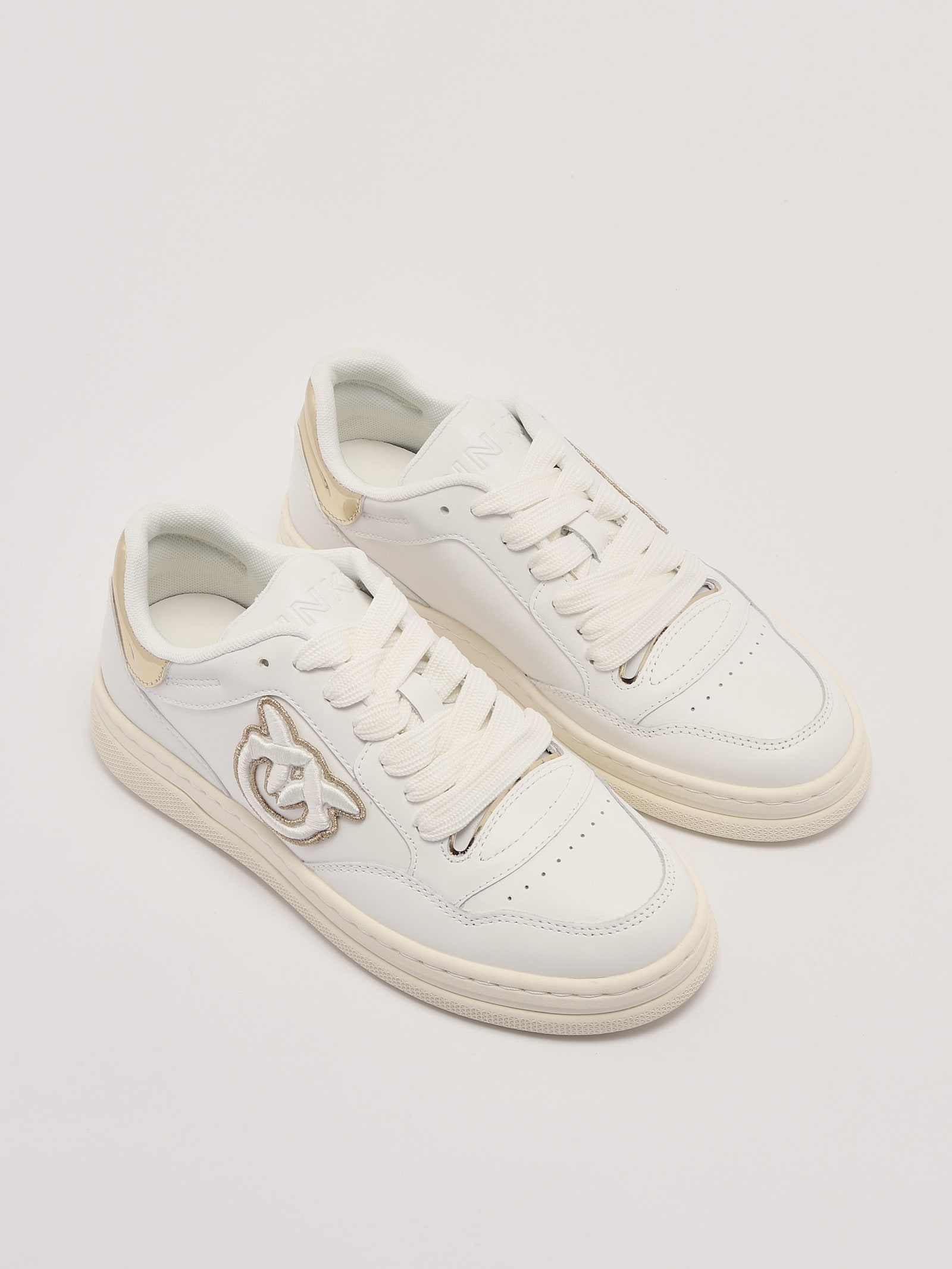 Pinko Logo-embroidered Leather Sneakers In Bianco-platino