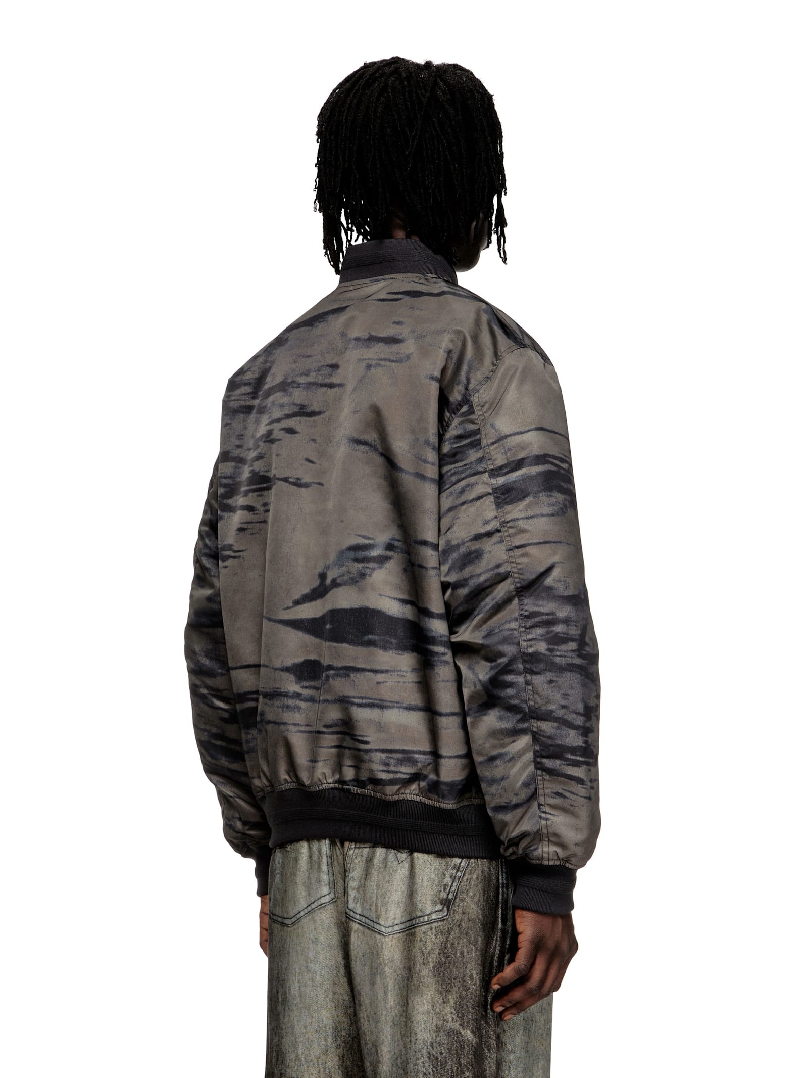 Diesel Padded Bomber Jacket In Printed Satin In Black
