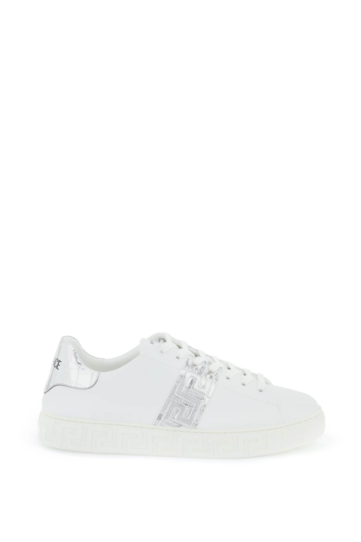 Shop Versace Greek Pattern Sneakers In White Silver Palladium (silver)