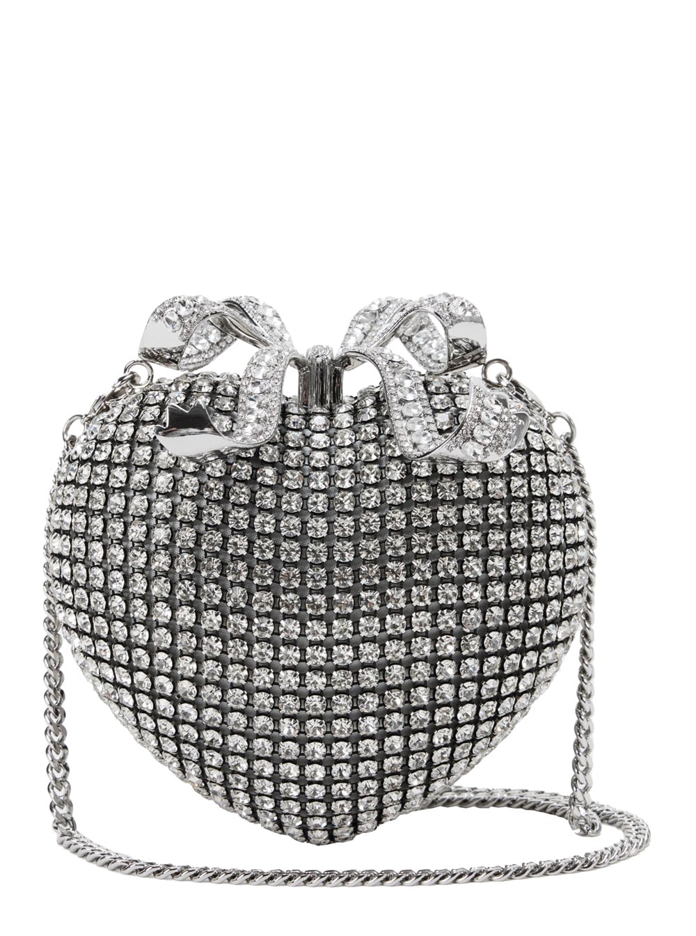 SELF-PORTRAIT HEART SILVER CLUTCH WITH BOW ON THE FRONT AND ALL-OVER CRYSTAL DECORATIONS IN TECH FABRIC WOMAN 