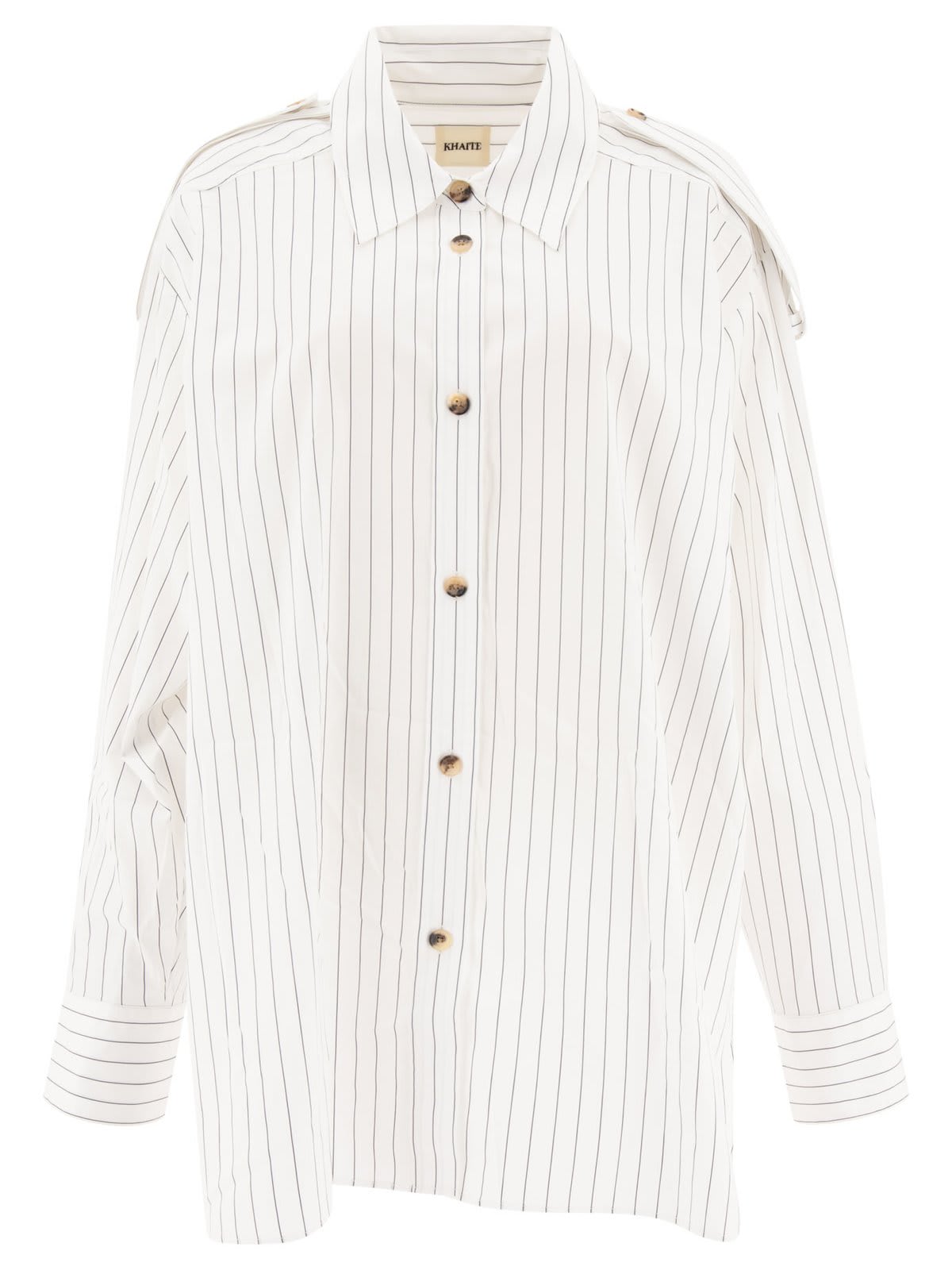 Shop Khaite The Tamal Striped Button-up Shirt In White/blue