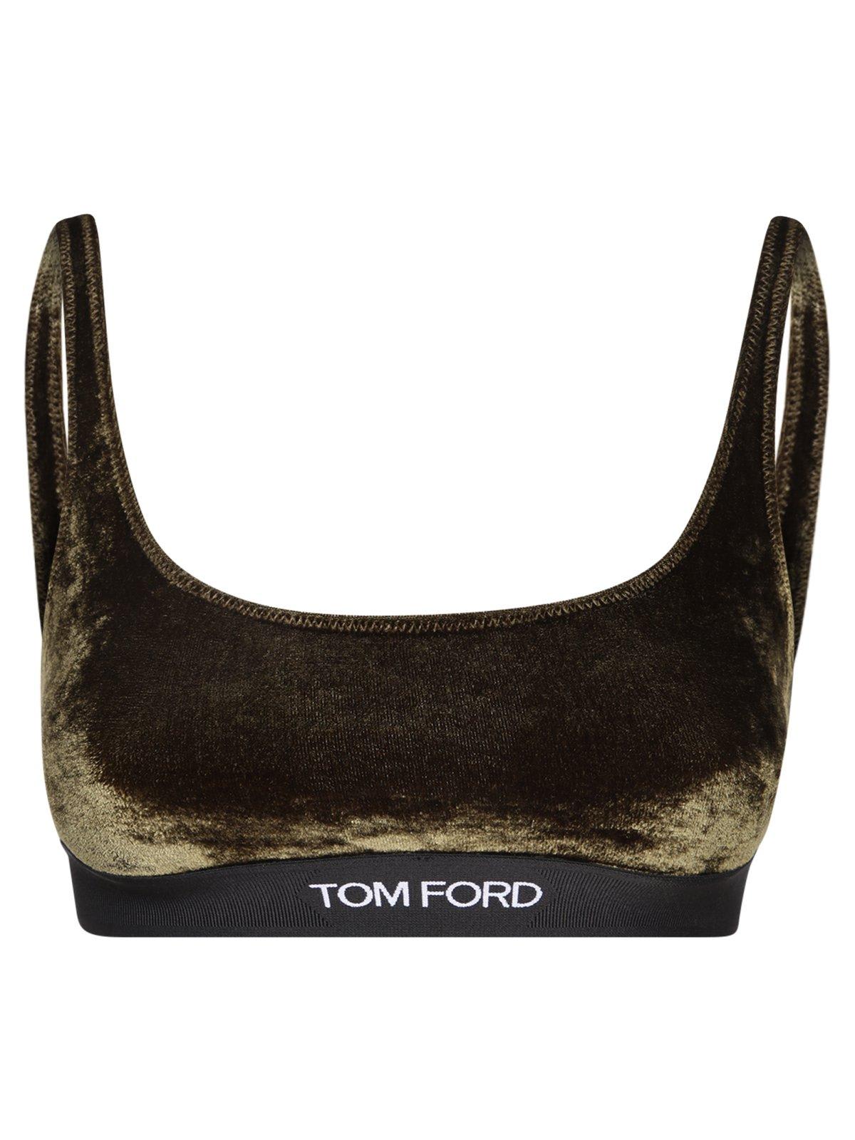 Shop Tom Ford Logo-trim Velvet Bra In Green