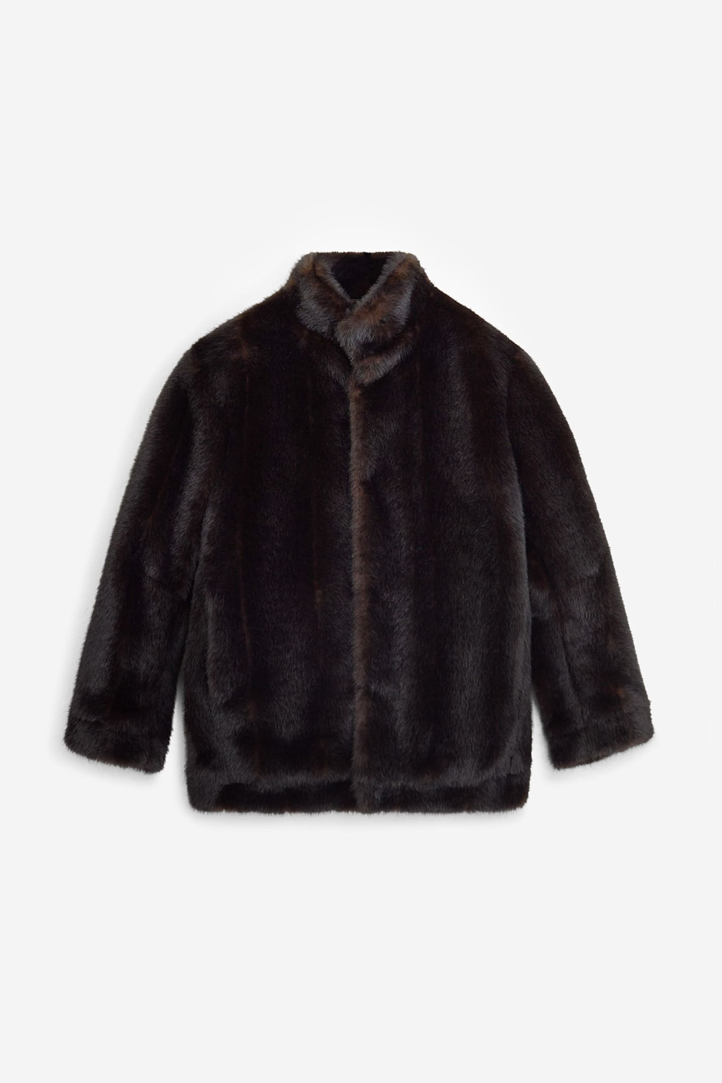 Mm6 Maison Margiela Plush Black Faux Fur Jacket With High Collar And Relaxed Fit In Brown