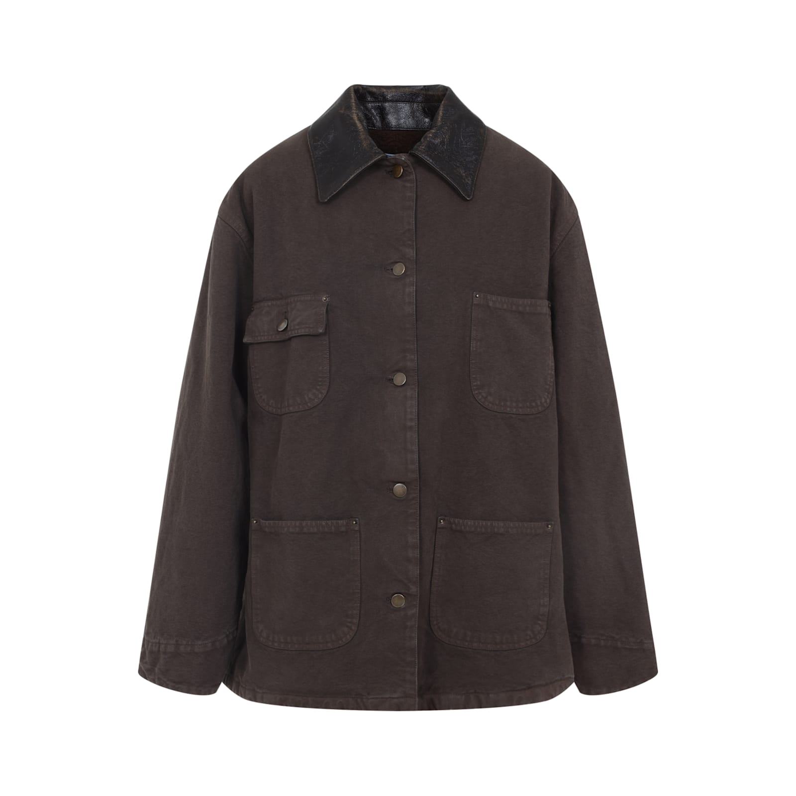 Prada Canvas Cotton Jacket Leather Collar In Brown