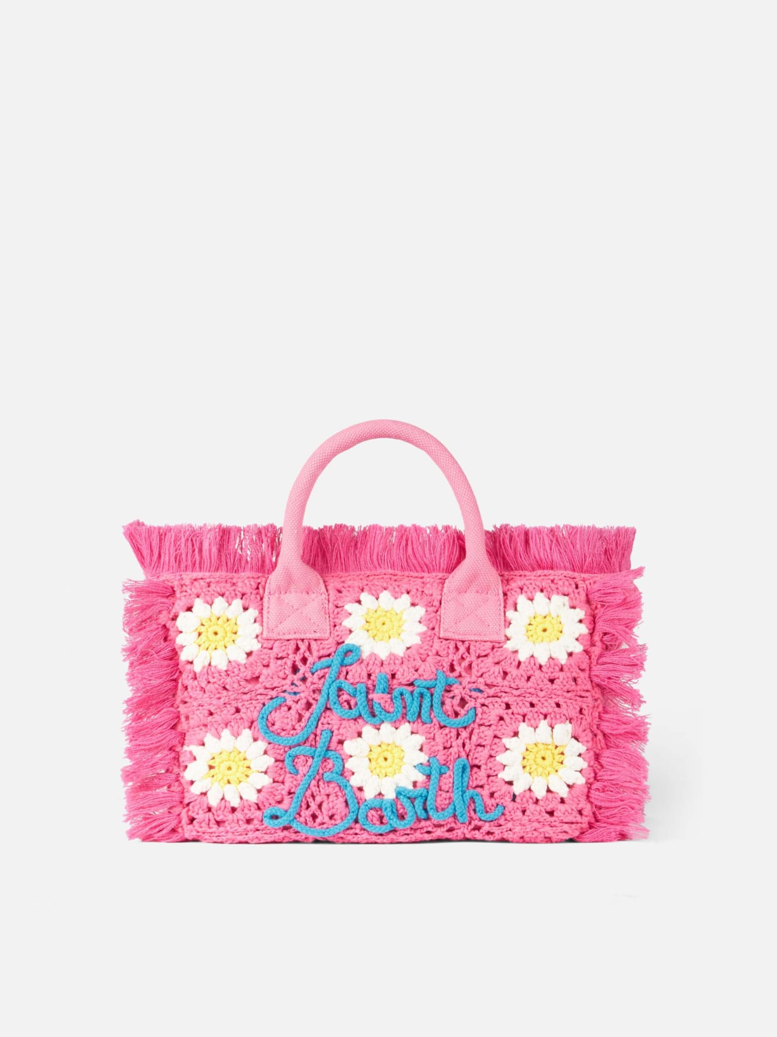 Mc2 Saint Barth Flower Patches Crochet Bag With Fringes In Pink