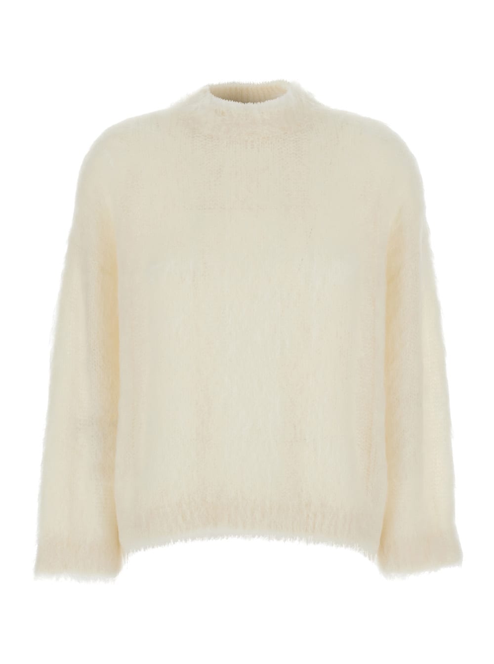 Brunello Cucinelli White Sweater With Stand-up Collar In Cashmere And Silk Blend Woman In White