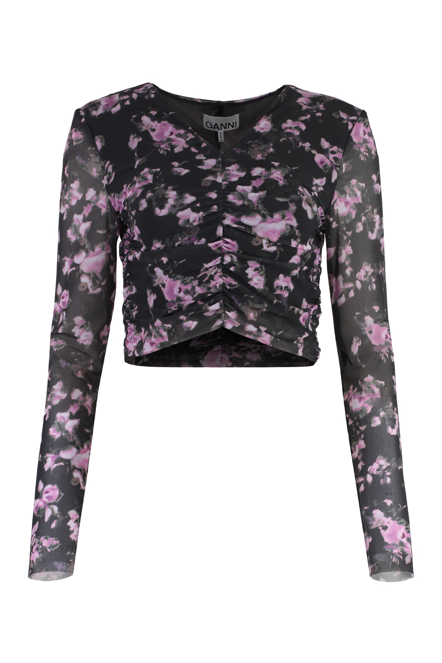 Ganni Black Floral Printed Mesh Ruched Blouse In Grey