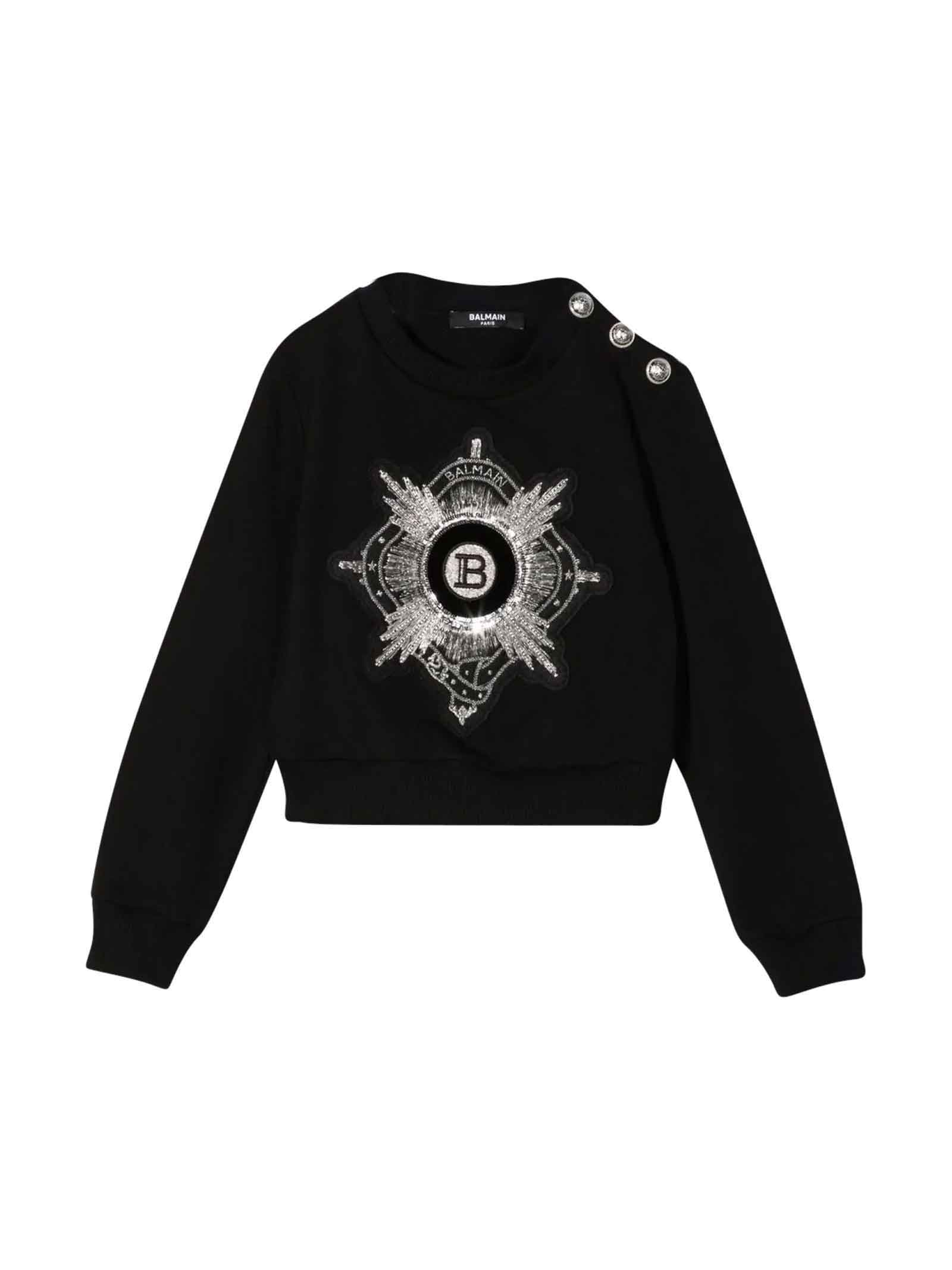 Balmain Black Crop Sweatshirt With Embroidery And Buttons
