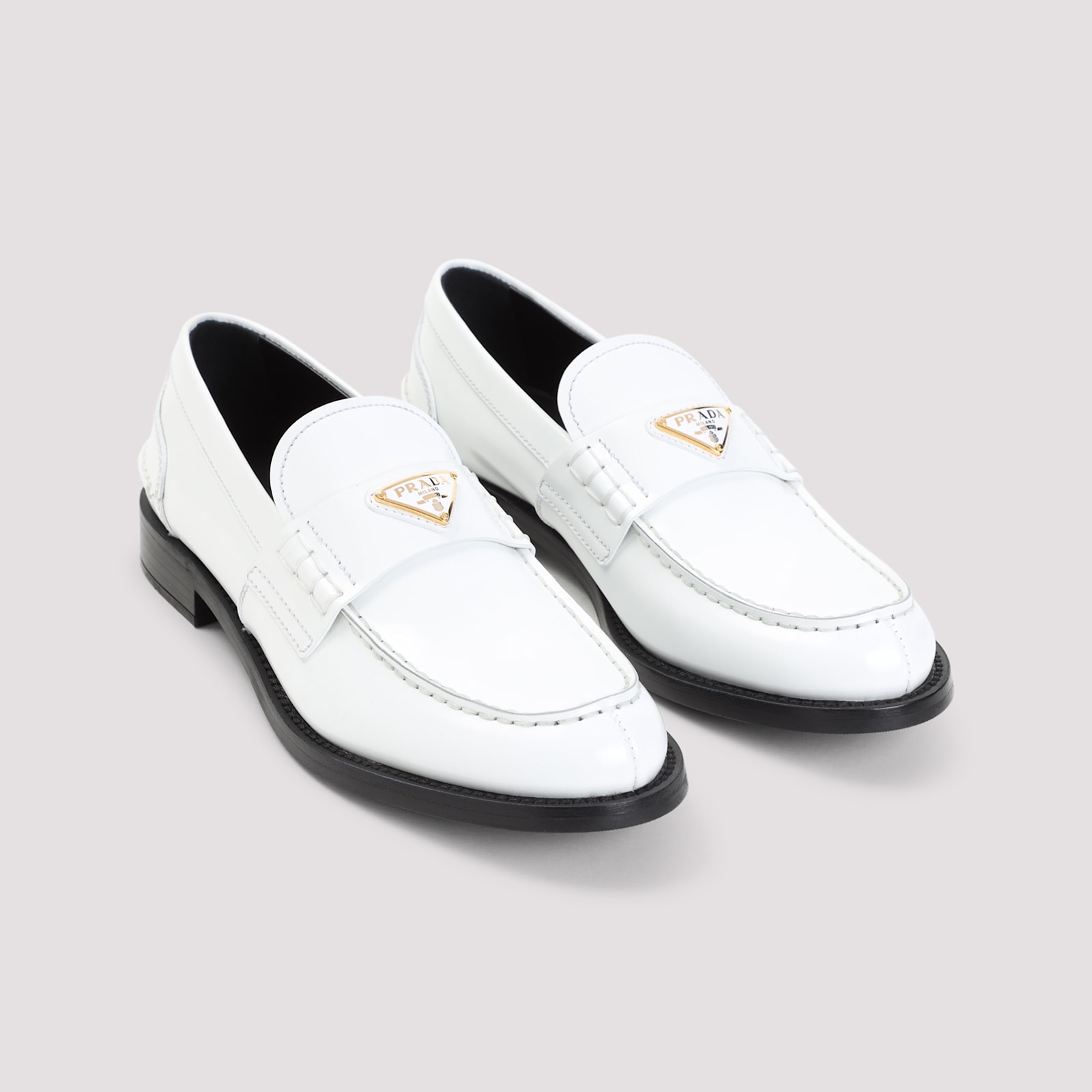 Prada Calf Leather White Loafers With Logo Embellishment In Bianco