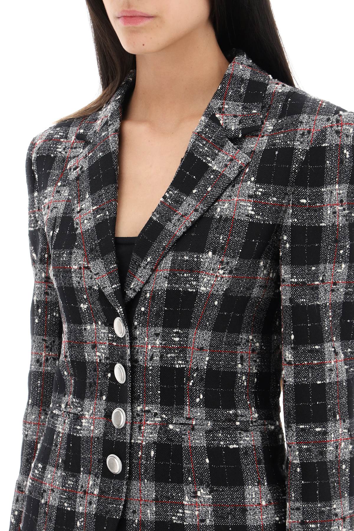 Shop Alessandra Rich Single-breasted Jacket In Boucle Fabric With Check Motif In Black (black)