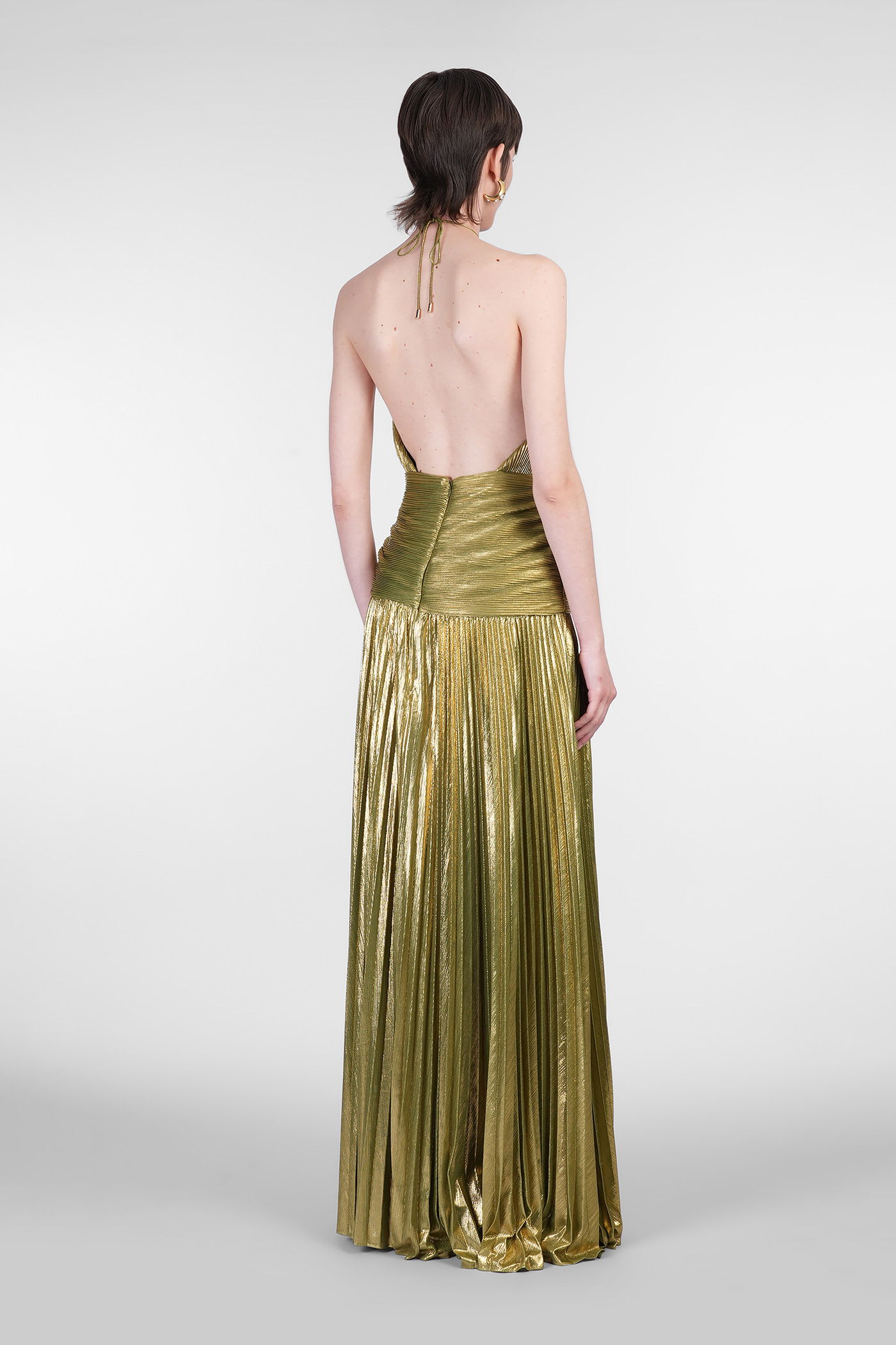 Retroféte Thalia Pleated Metallic Halter Side-slit Drop-waist Maxi Dress