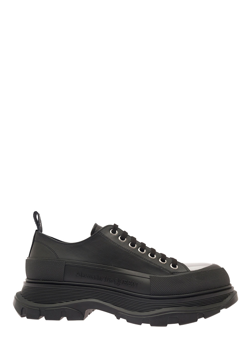 Shop Alexander Mcqueen Trade Slick Black Sneakers With Oversized Platform And Metallic Toe In Leather Man