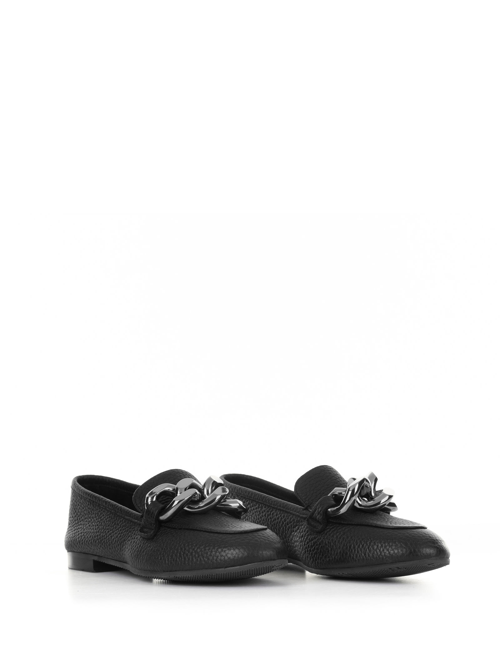 Shop Casadei Hammered Leather Moccasin With Chain In Nero