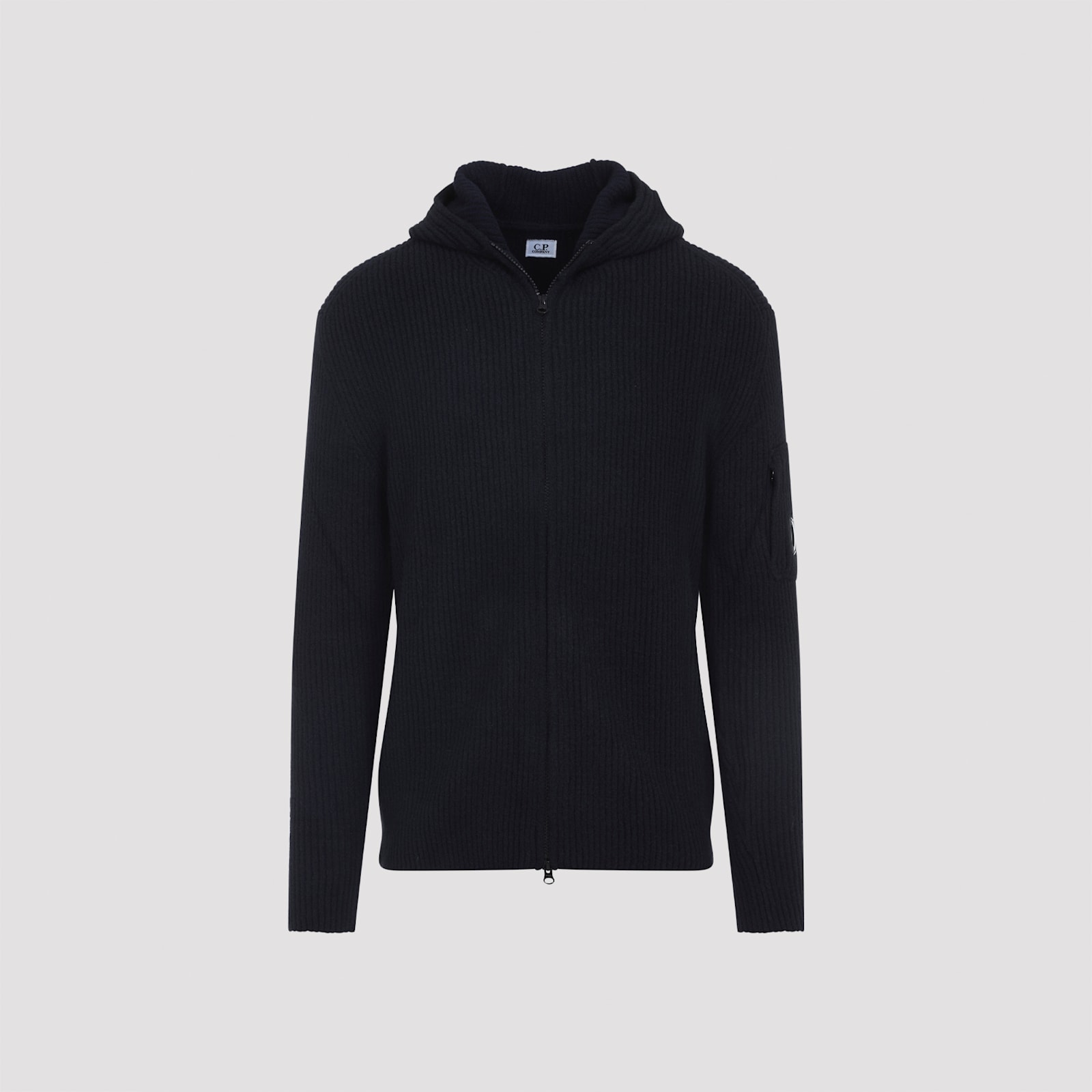 C.p. Company Signature Lens Ribbed Knit Cardigan With Hood In Black