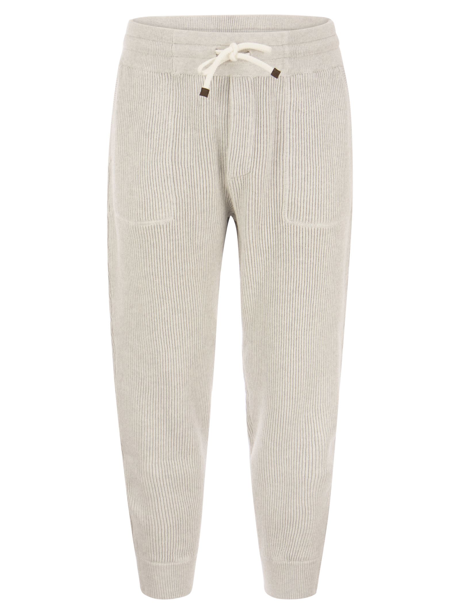 BRUNELLO CUCINELLI COTTON RIB KNIT JOGGERS WITH DRAWSTRING AND BOTTOM ZIP