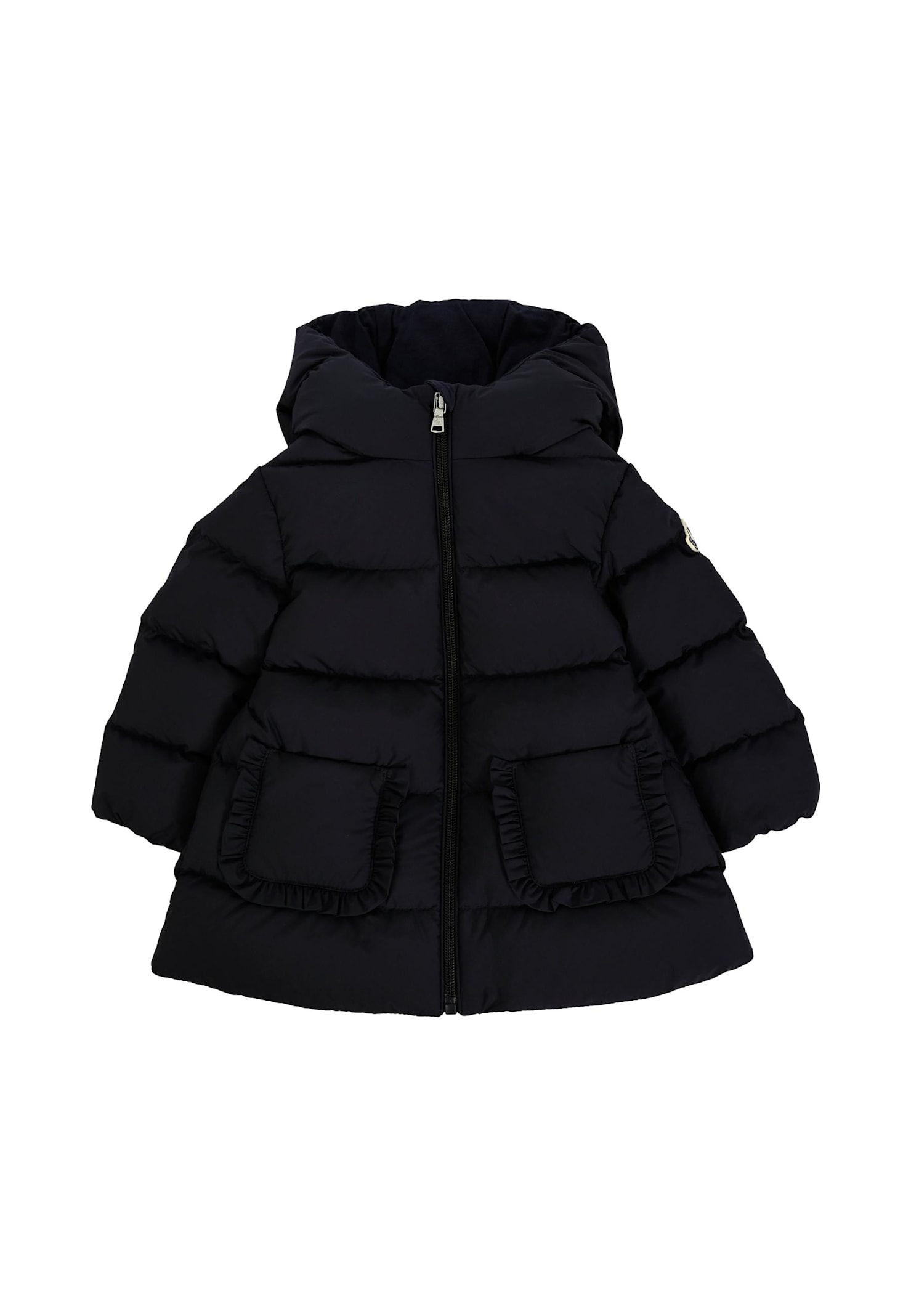 Moncler Blue Down Jacket For Baby Girl With Logo