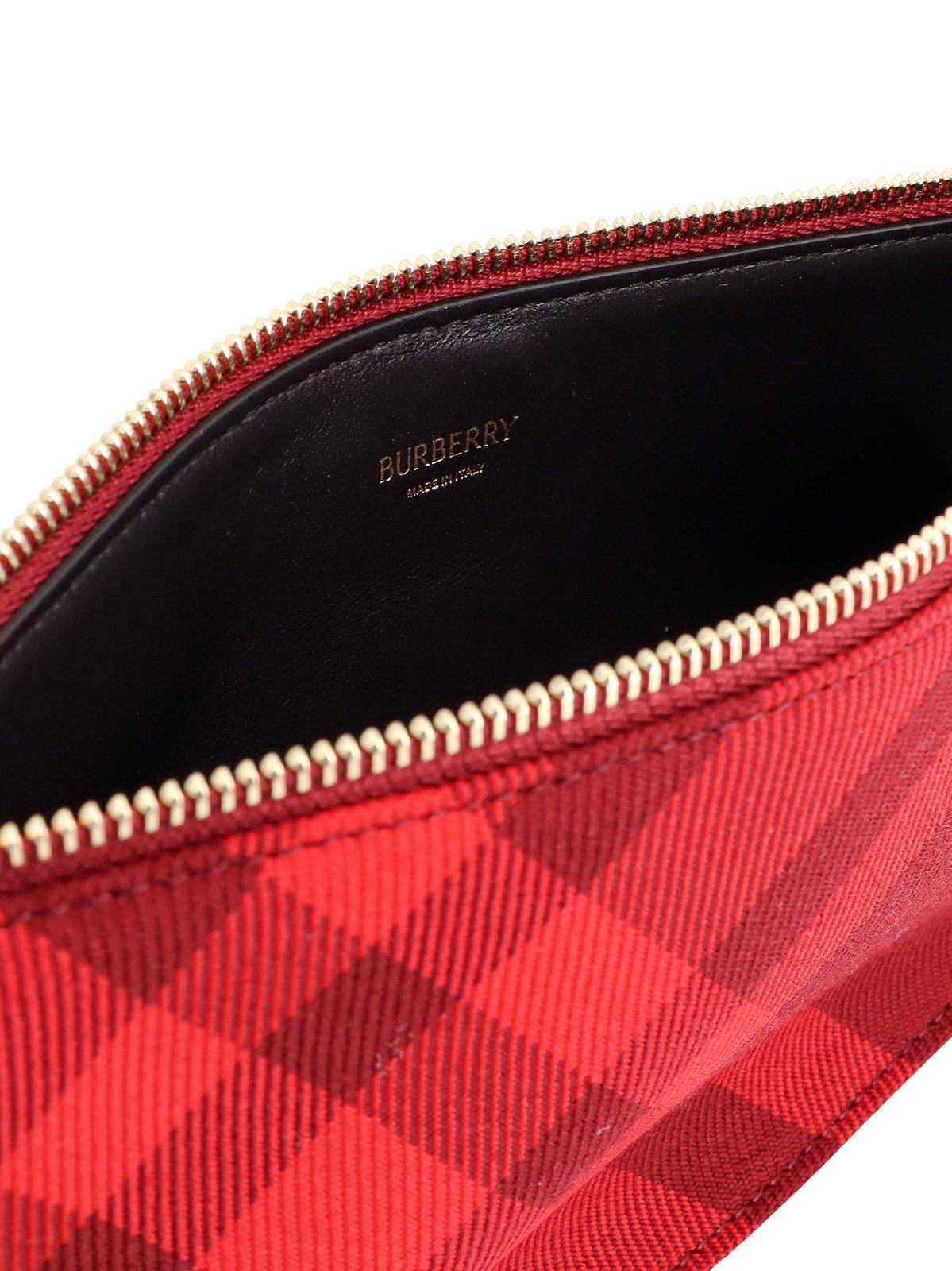 Shop Burberry Mini Shield Check-pattern Bell-charm Shoulder Bag In Red