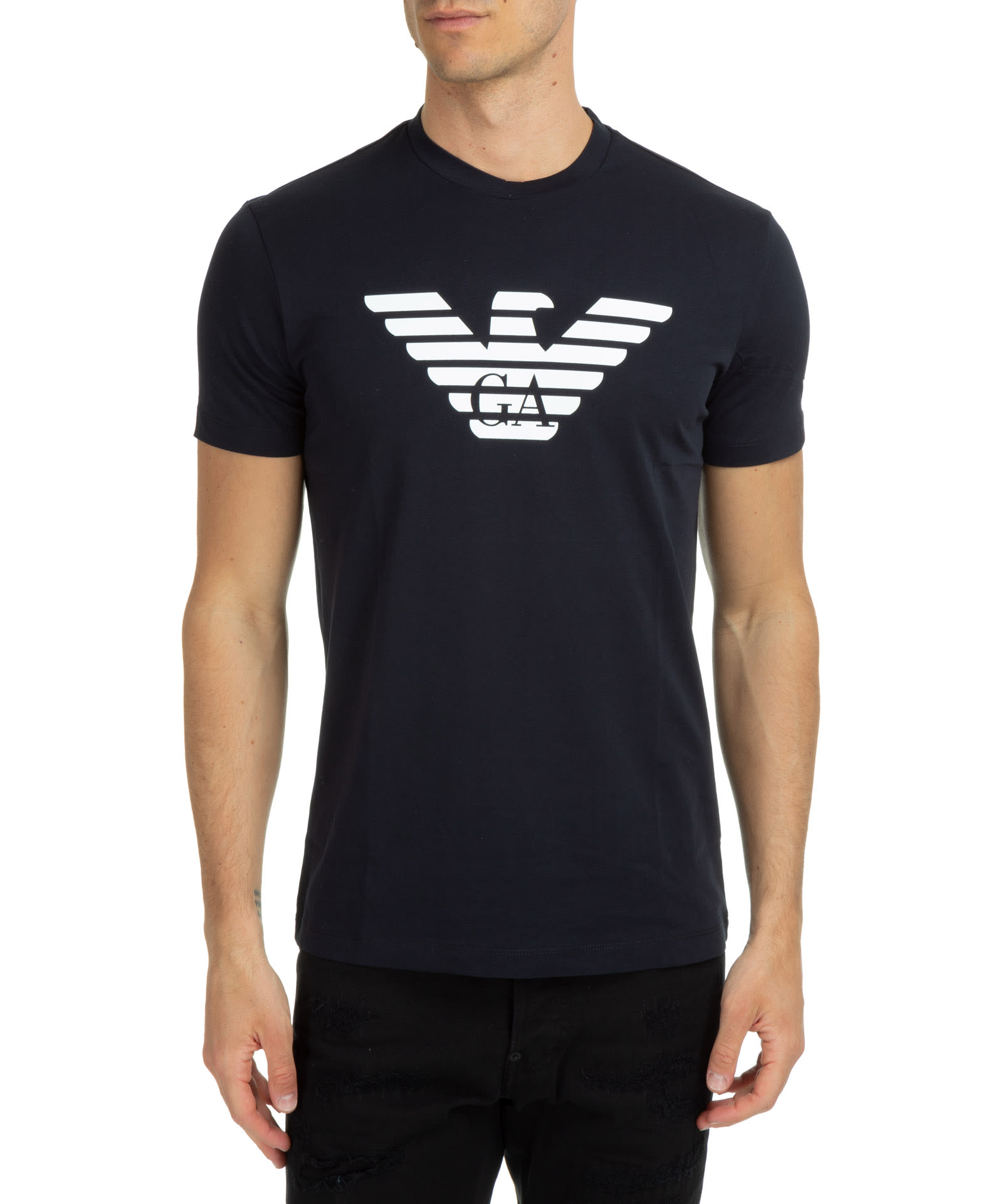 Shop Emporio Armani Cotton T-shirt In Blu Navy Aquila