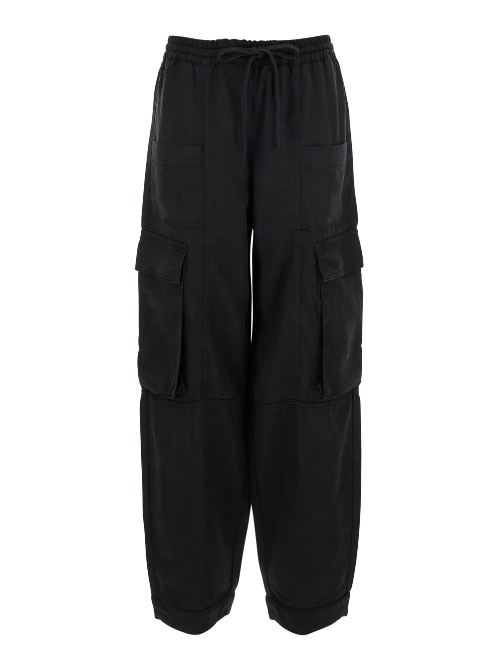 TwinSet Black Cargo Pants With Elastic Drawstring Waist And Logo Plaque On The Rear In Viscose Woman