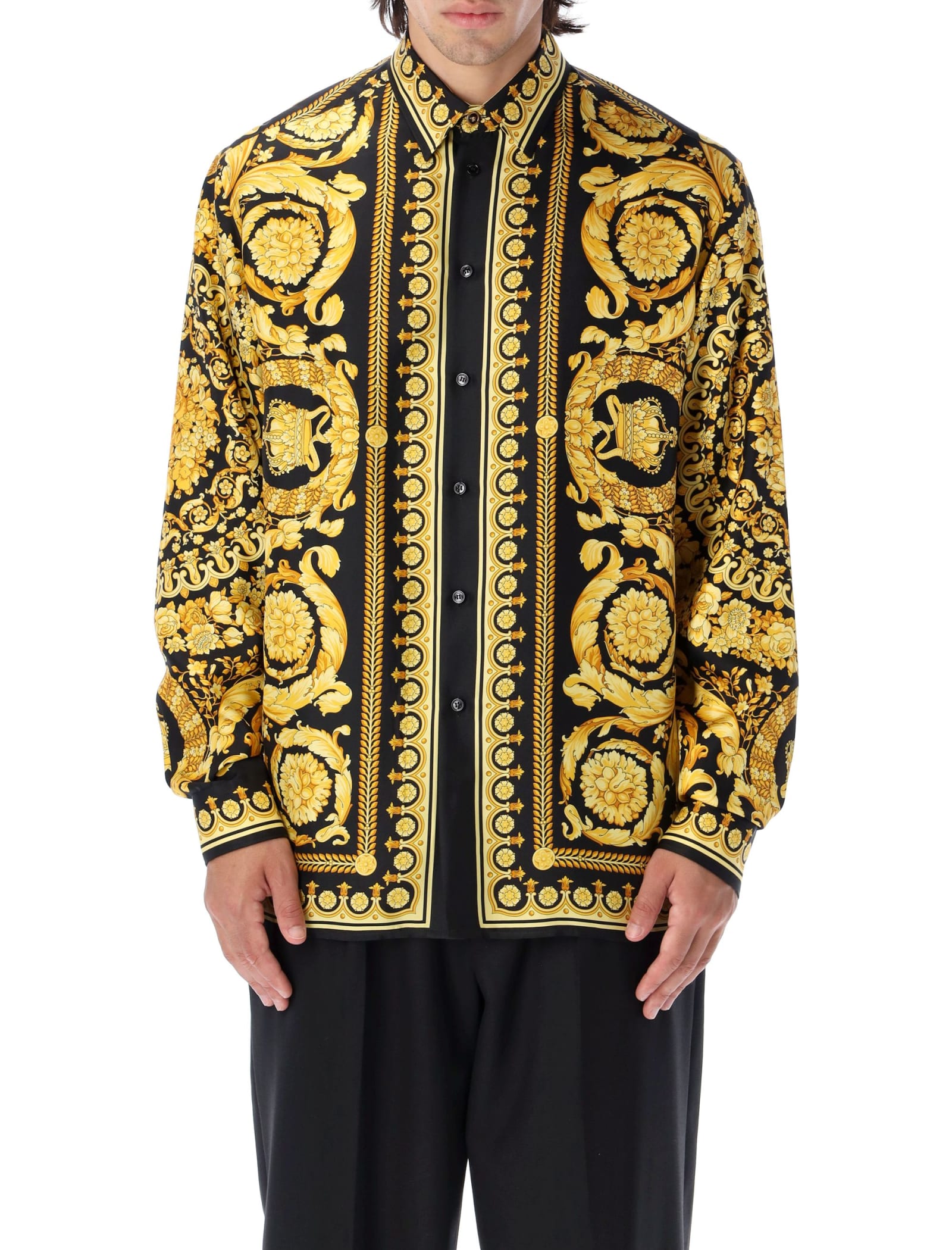 Versace Barocco Print Long-sleeved Silk Shirt In Black Gold