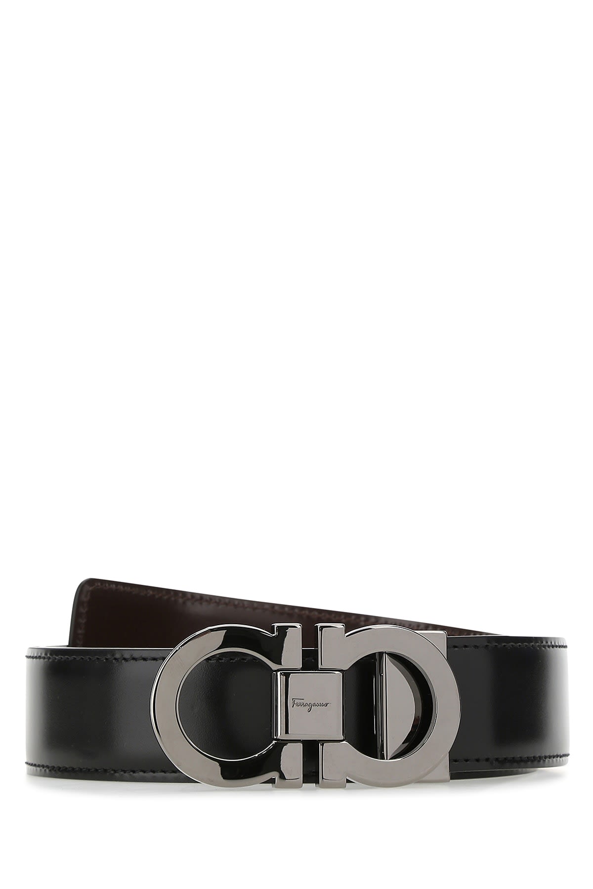 Ferragamo Adjustable Reversible Leather Belt With Textured Finish In Black